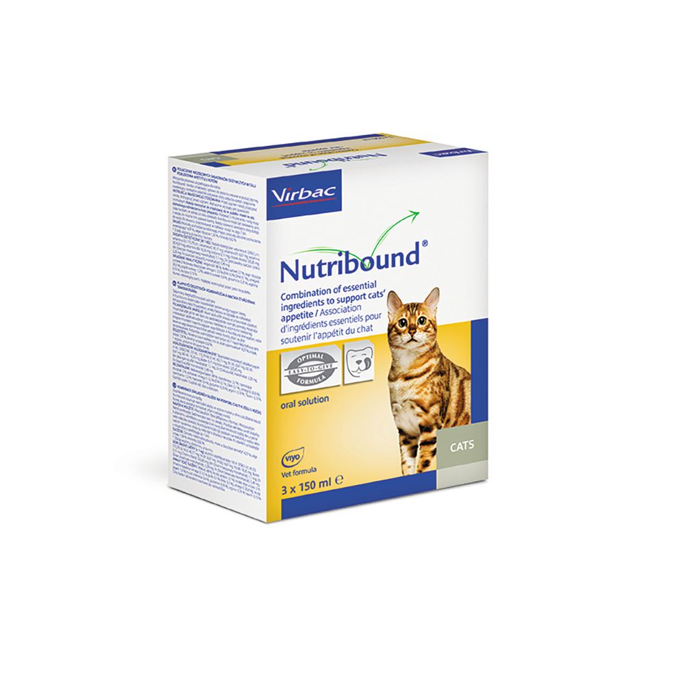 Confezione Virbac Nutribound. Scritta: Nutribound, gatto, soluzione orale, 3 x 150 ml.