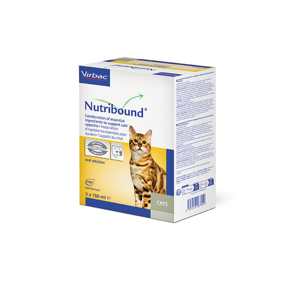 Confezione Virbac Nutribound. Scritta: Nutribound, gatto, soluzione orale, 3 x 150 ml.