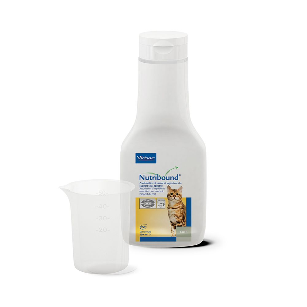 Flacone e misurino Virbac Nutribound. Scritta: Nutribound, gatto, soluzione orale.