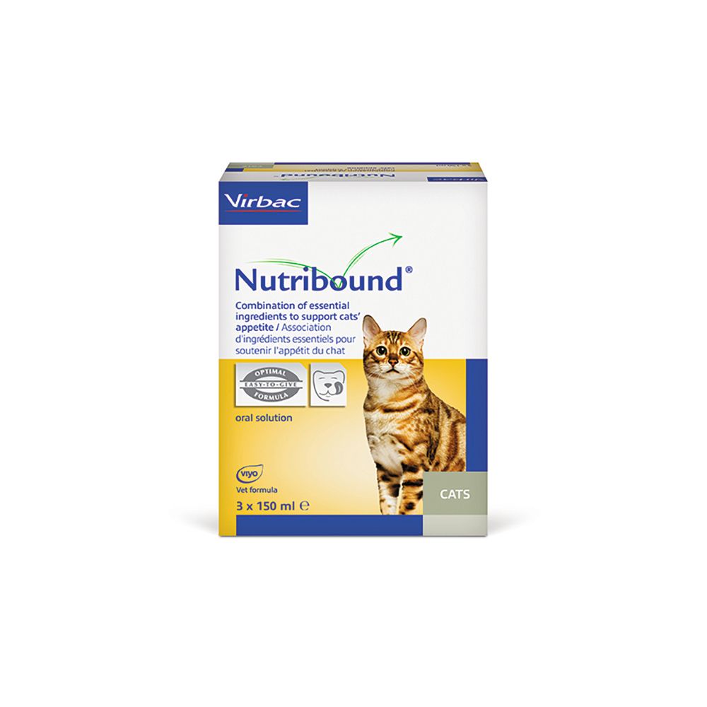 Confezione Virbac Nutribound. Scritta: Nutribound, gatto, soluzione orale, 3 x 150 ml.