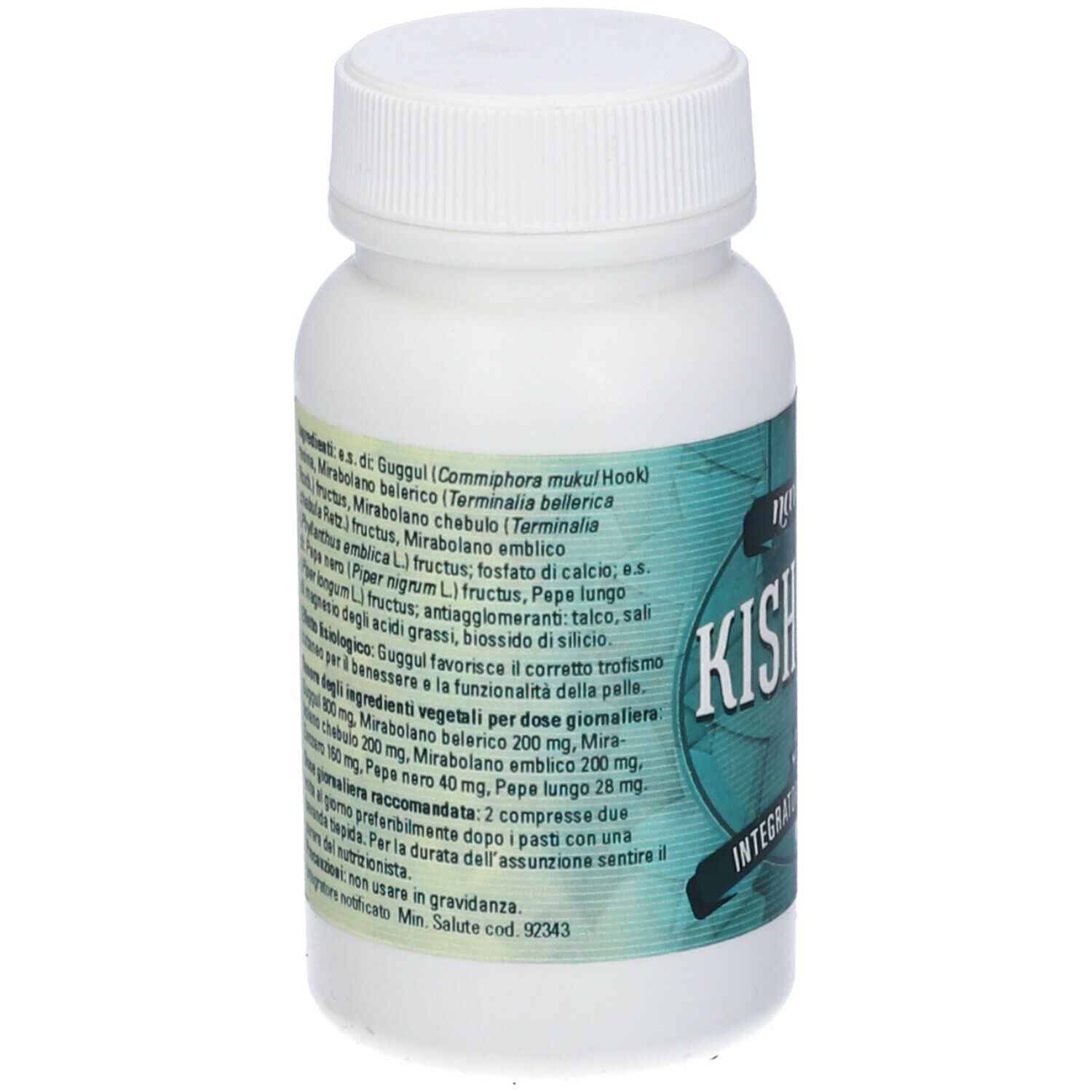 Vista posteriore del flacone bianco. Testo con ingredienti e dosaggio. Scritta: Kishor G, Integratore Alimentare.