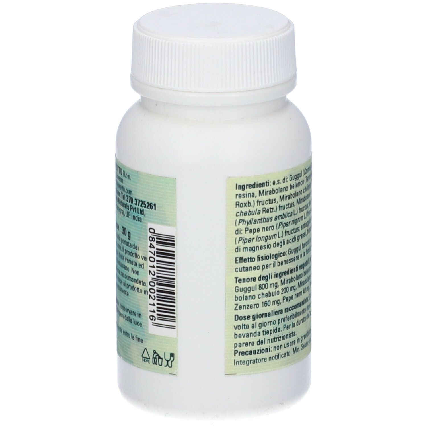 Vista posteriore del flacone bianco. Testo con ingredienti e dosaggio. Scritta: Kishor G, Integratore Alimentare.