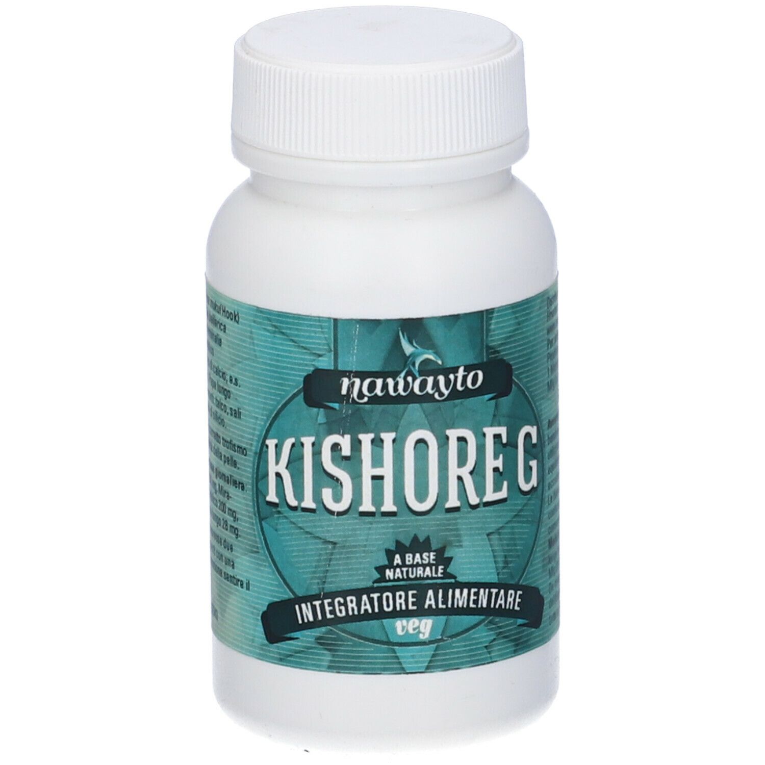 Flacone bianco con etichetta verde-blu. Scritta: Kishor G, Integratore Alimentare. Tappo in alto.