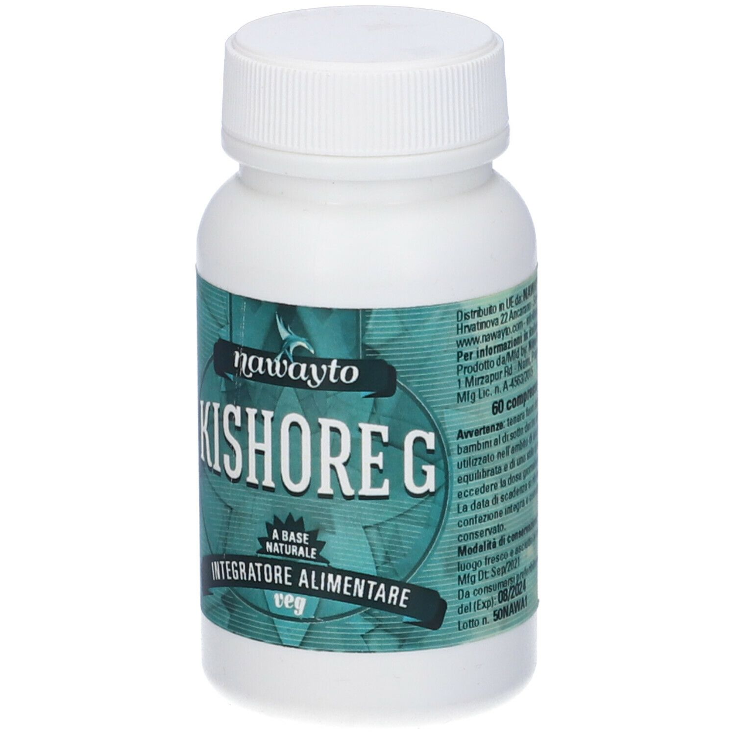 Flacone bianco con etichetta verde-blu. Scritta: Kishor G, Integratore Alimentare. Tappo in alto. 60 compresse.