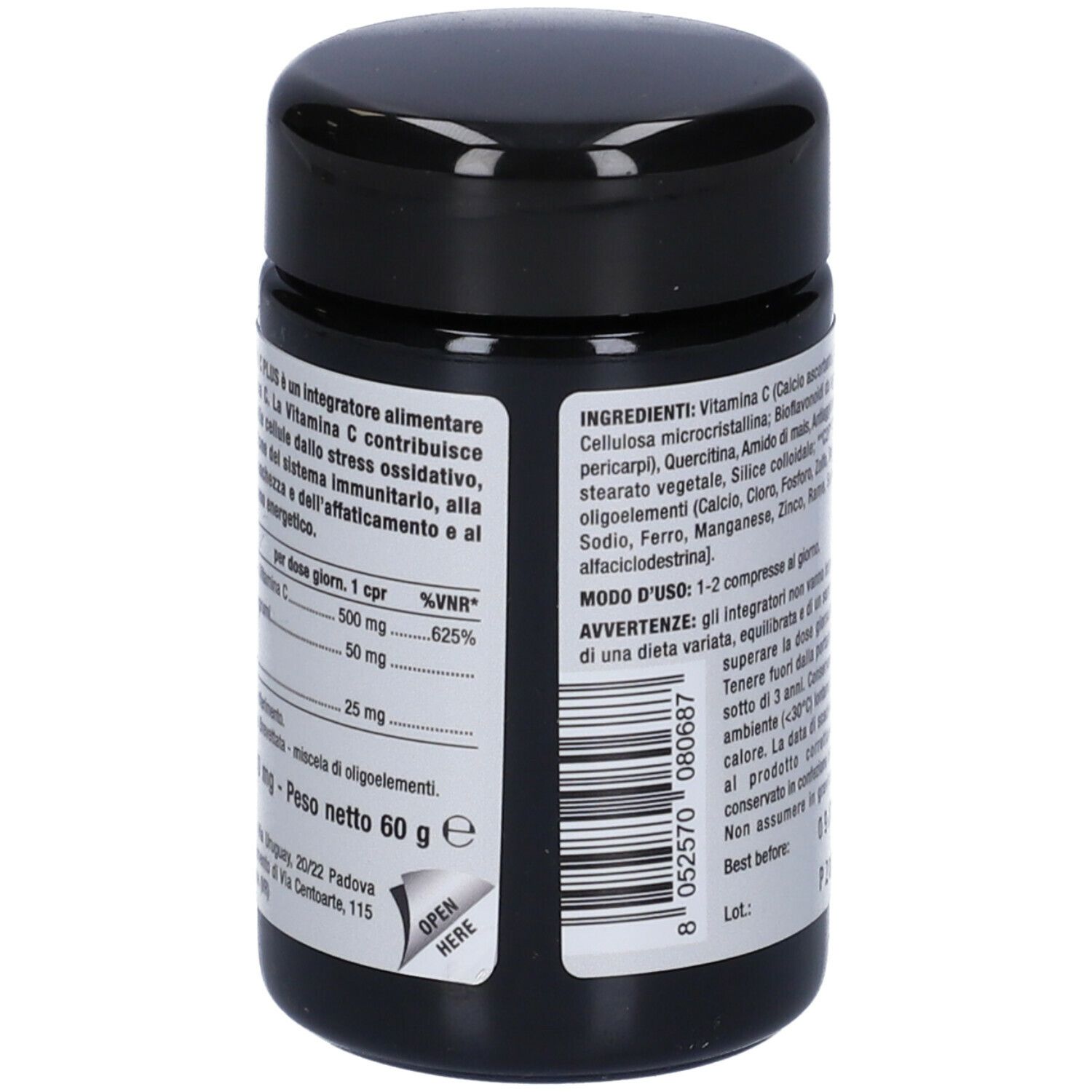 Retro del barattolo nero. Contiene informazioni nutrizionali e istruzioni per l'uso. Peso netto 60 g.