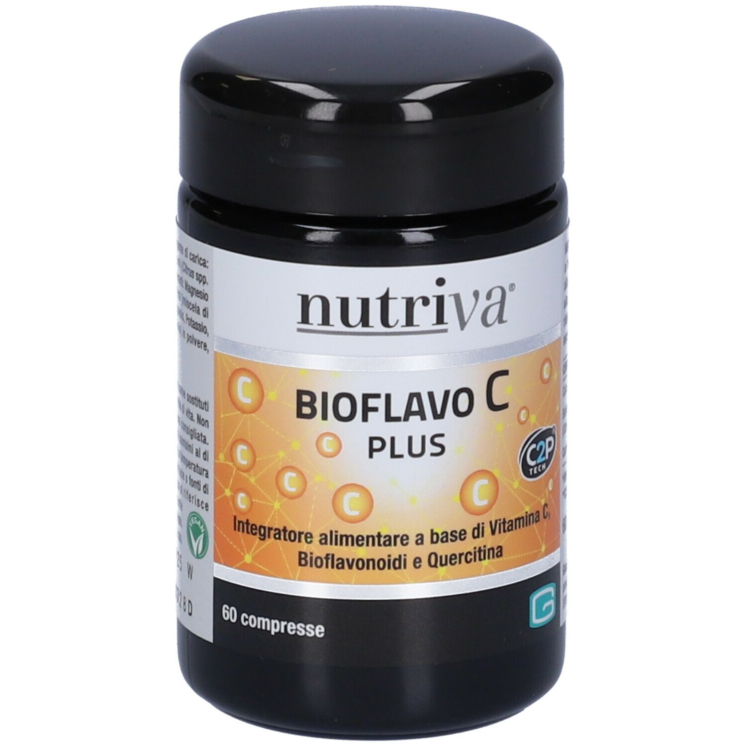 Barattolo nero con etichetta "nutriva Bioflavo C Plus". Contiene 60 compresse. Scritta: "Integratore alimentare".