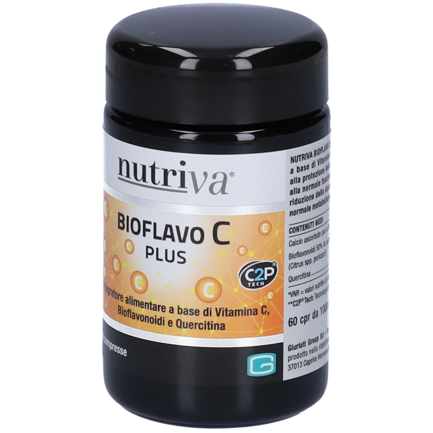 Barattolo nero con etichetta "nutriva Bioflavo C Plus". Contiene 60 compresse. Scritta: "Integratore alimentare".