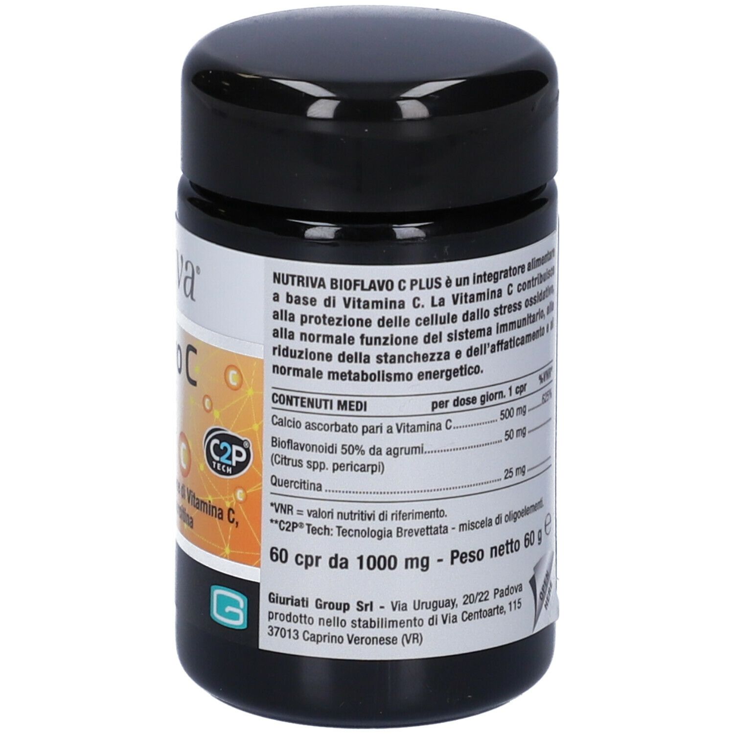 Retro del barattolo nero. Contiene informazioni nutrizionali e istruzioni per l'uso. Peso netto 60 g.