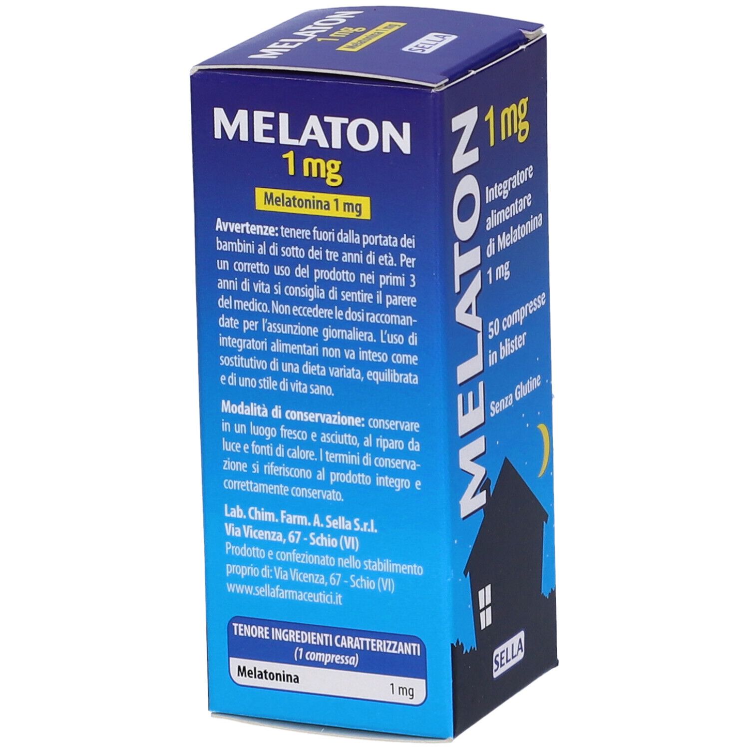 Retro della scatola di SELLA MELATON 1 mg. Informazioni testuali, inclusi ingredienti e produttore.