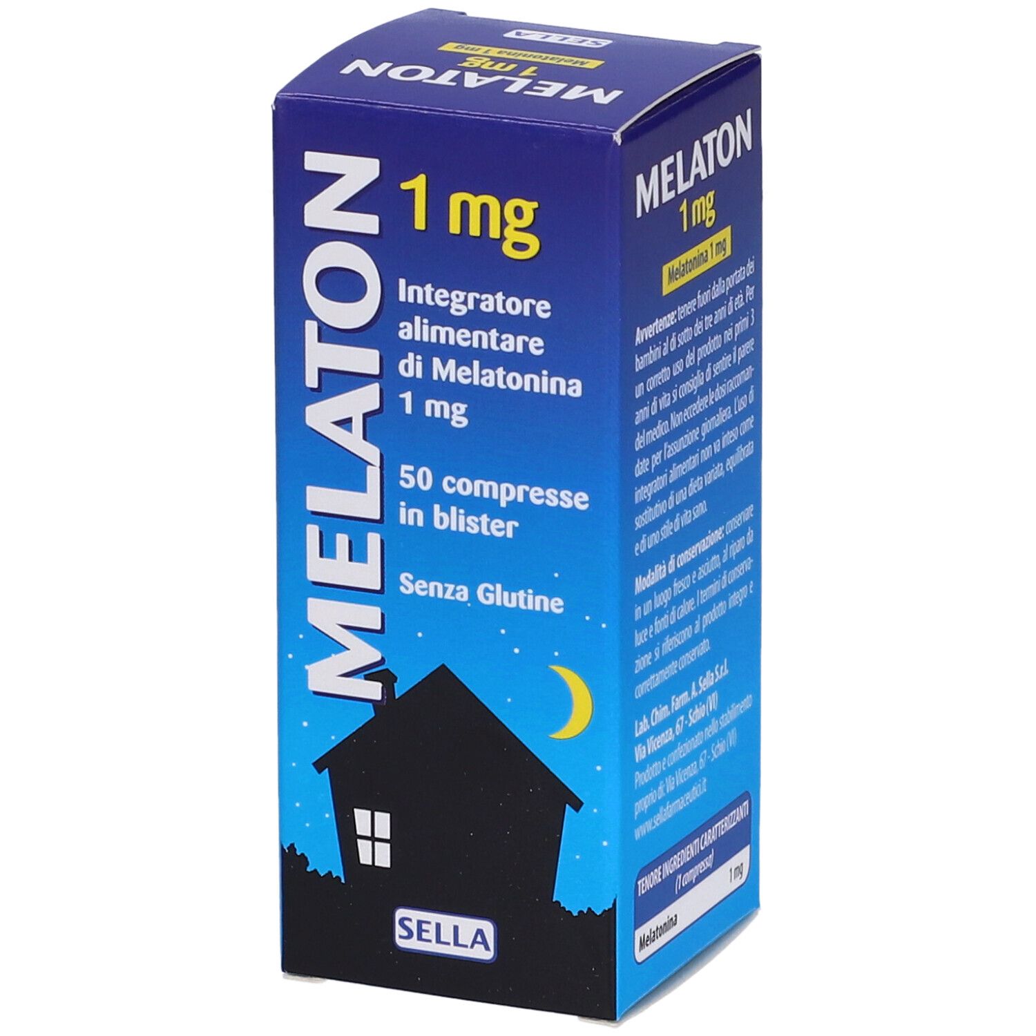 Scatola di SELLA MELATON 1 mg. Scritta: 1 mg, 50 compresse, senza glutine. Silhouette notturna.