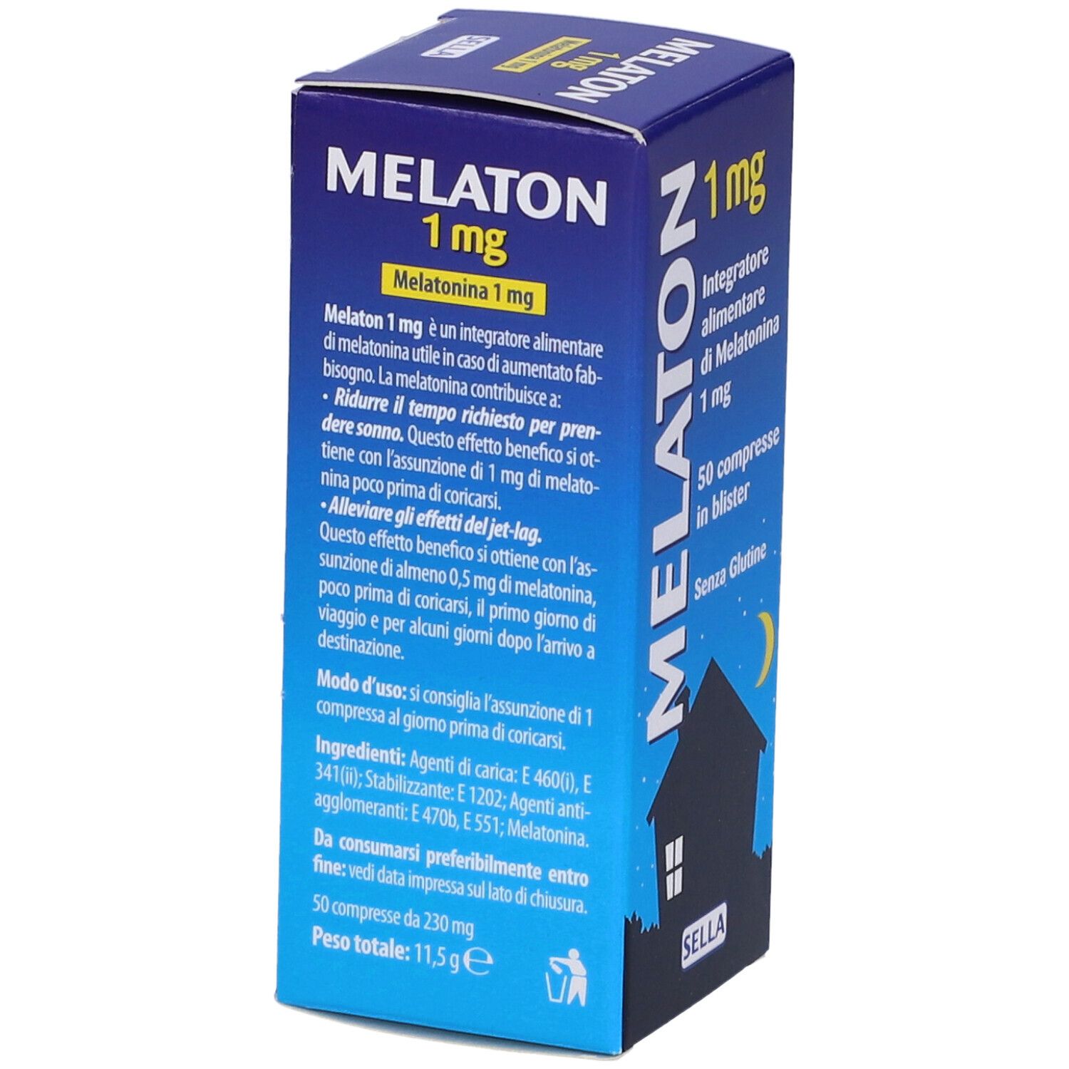 Scatola di SELLA MELATON 1 mg. Informazioni testuali, inclusi ingredienti e dosaggio.