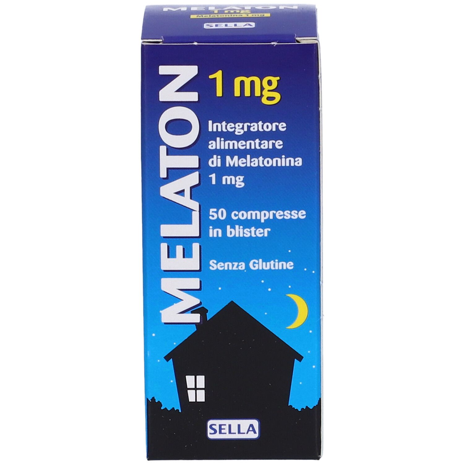 Scatola di SELLA MELATON 1 mg. Scritta: 1 mg, 50 compresse, senza glutine. Silhouette notturna.