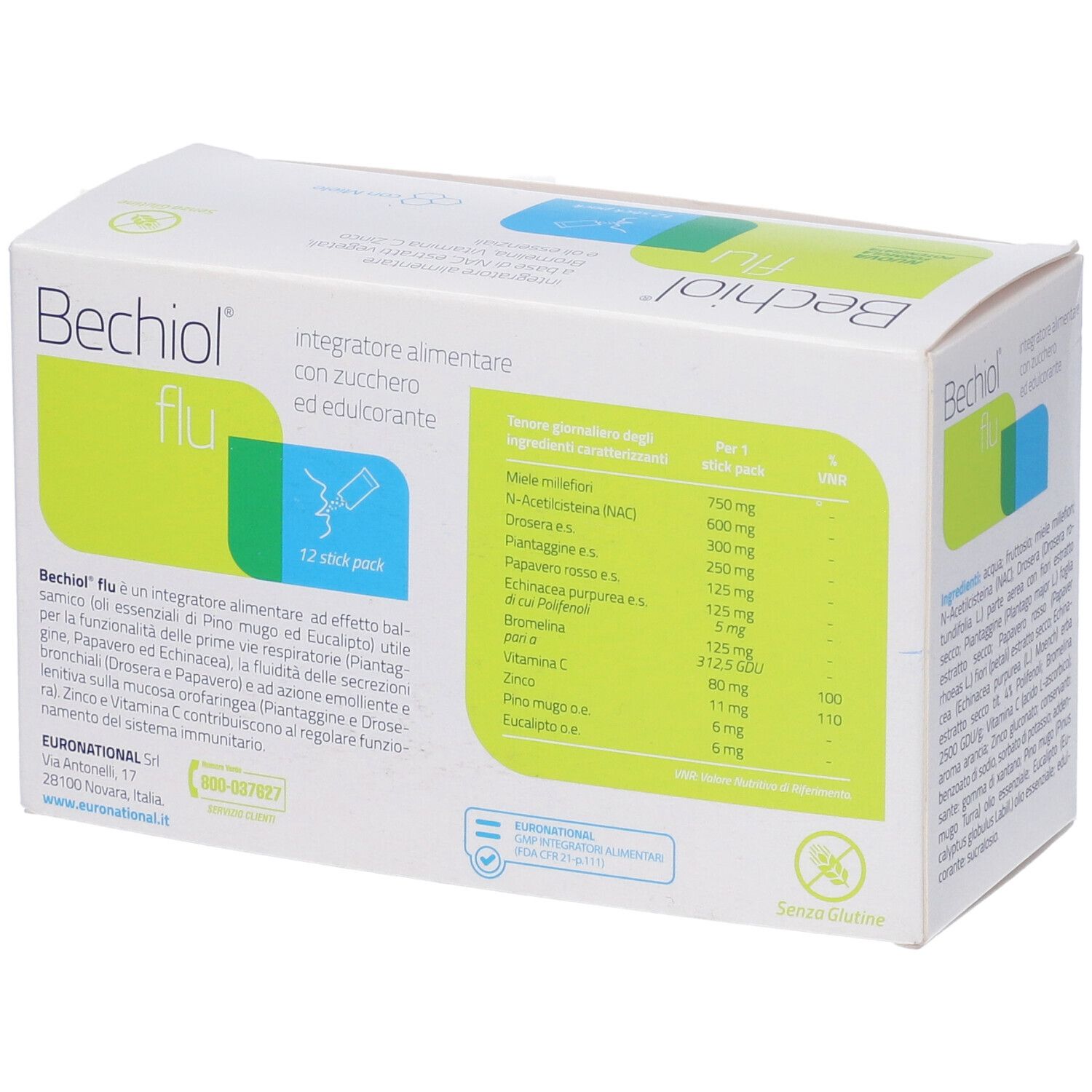 Scatola Bechiol flu. Confezione bianca con design verde e blu. Scritto: Bechiol flu, 12 stick pack. Informazioni nutrizionali.