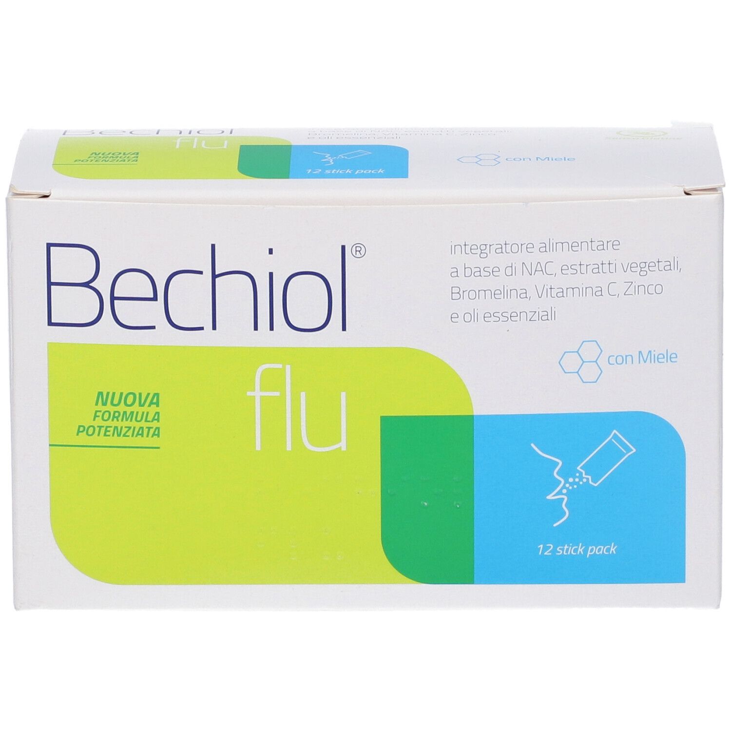 Scatola di Bechiol flu, 12 stick pack. Confezione bianca con design verde e blu. Scritto: Bechiol flu, Nuova formula potenziata. Con miele.