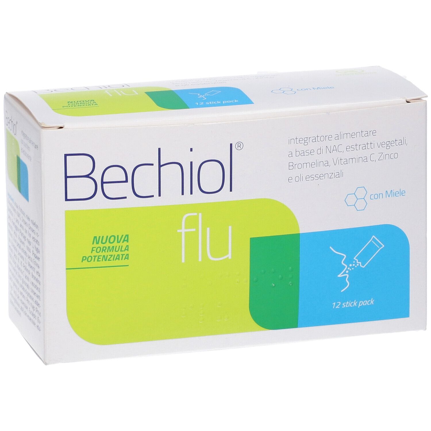 Scatola Bechiol flu. Confezione bianca con design verde e blu. Scritto: Bechiol flu, 12 stick pack. Elenco ingredienti.