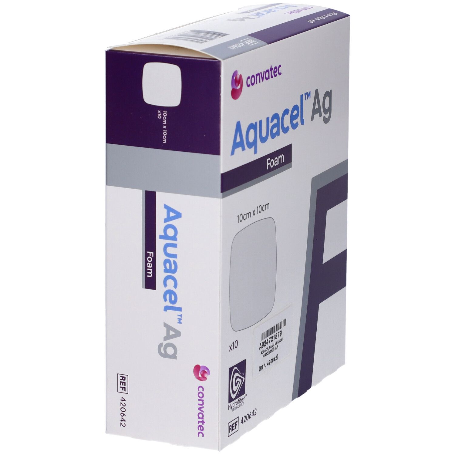 Vista angolata della confezione di Convatec Aquacel Ag Foam. Nome e logo visibili.