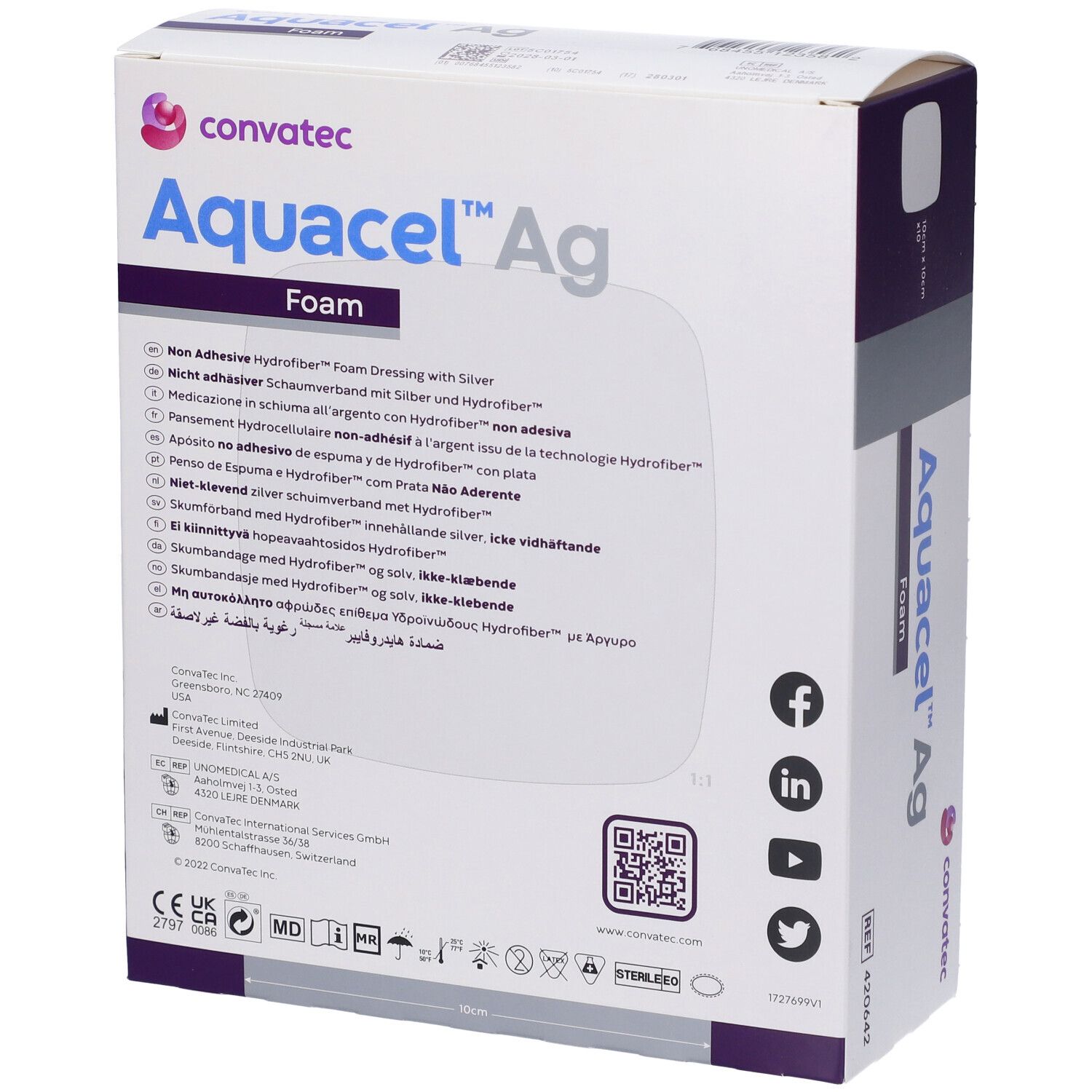 Retro della confezione Convatec Aquacel Ag Foam. Informazioni multilingue e loghi.