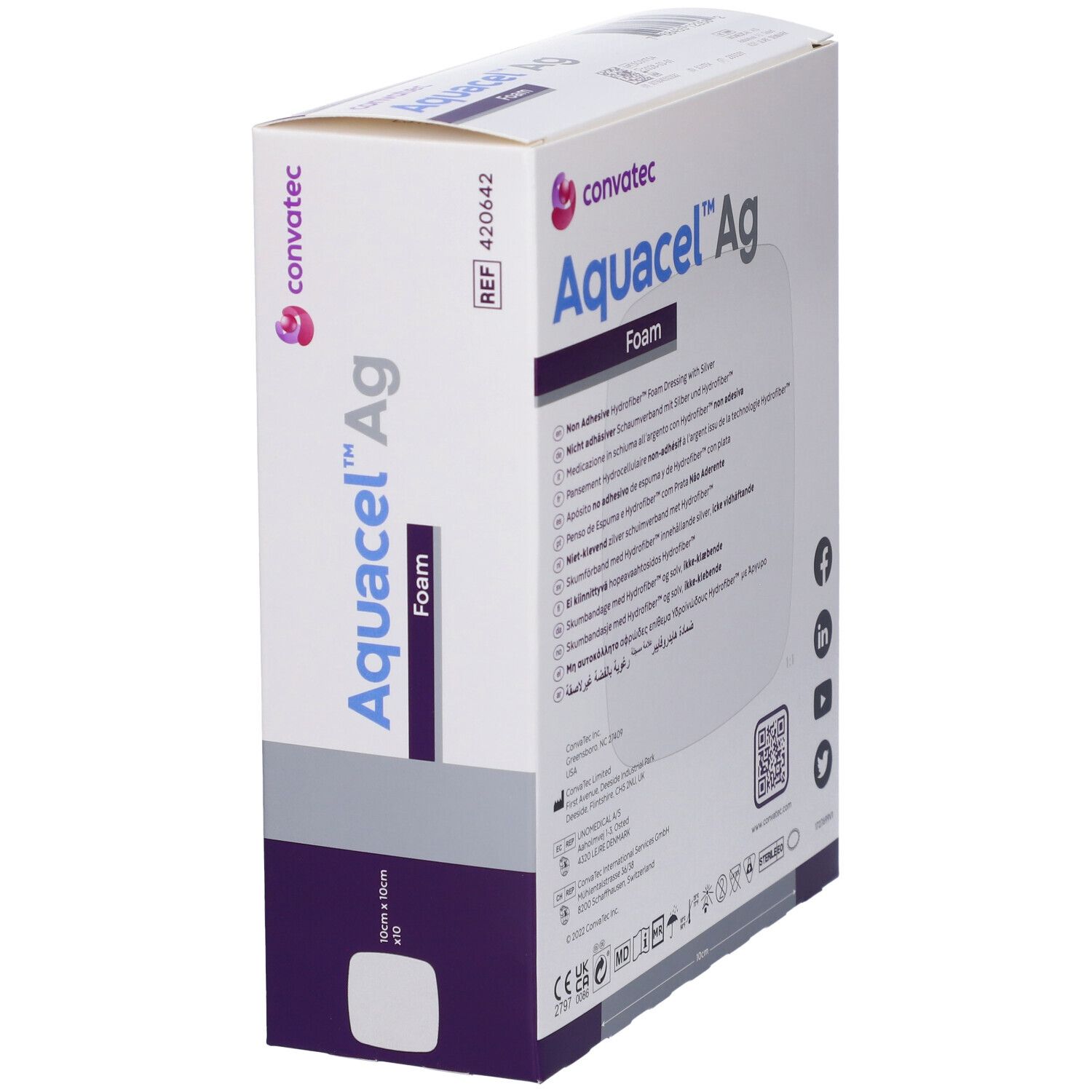 Vista angolata della confezione di Convatec Aquacel Ag Foam. Nome e loghi visibili.