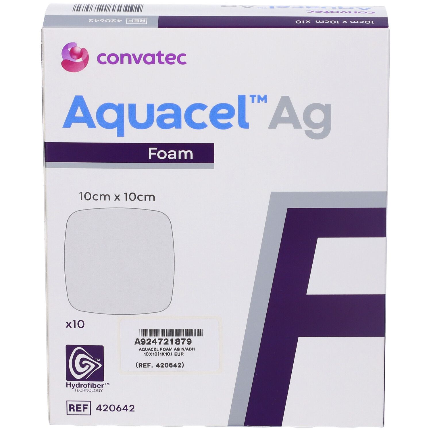 Vista frontale della confezione di Convatec Aquacel Ag Foam. Nome, dimensioni e logo visibili.