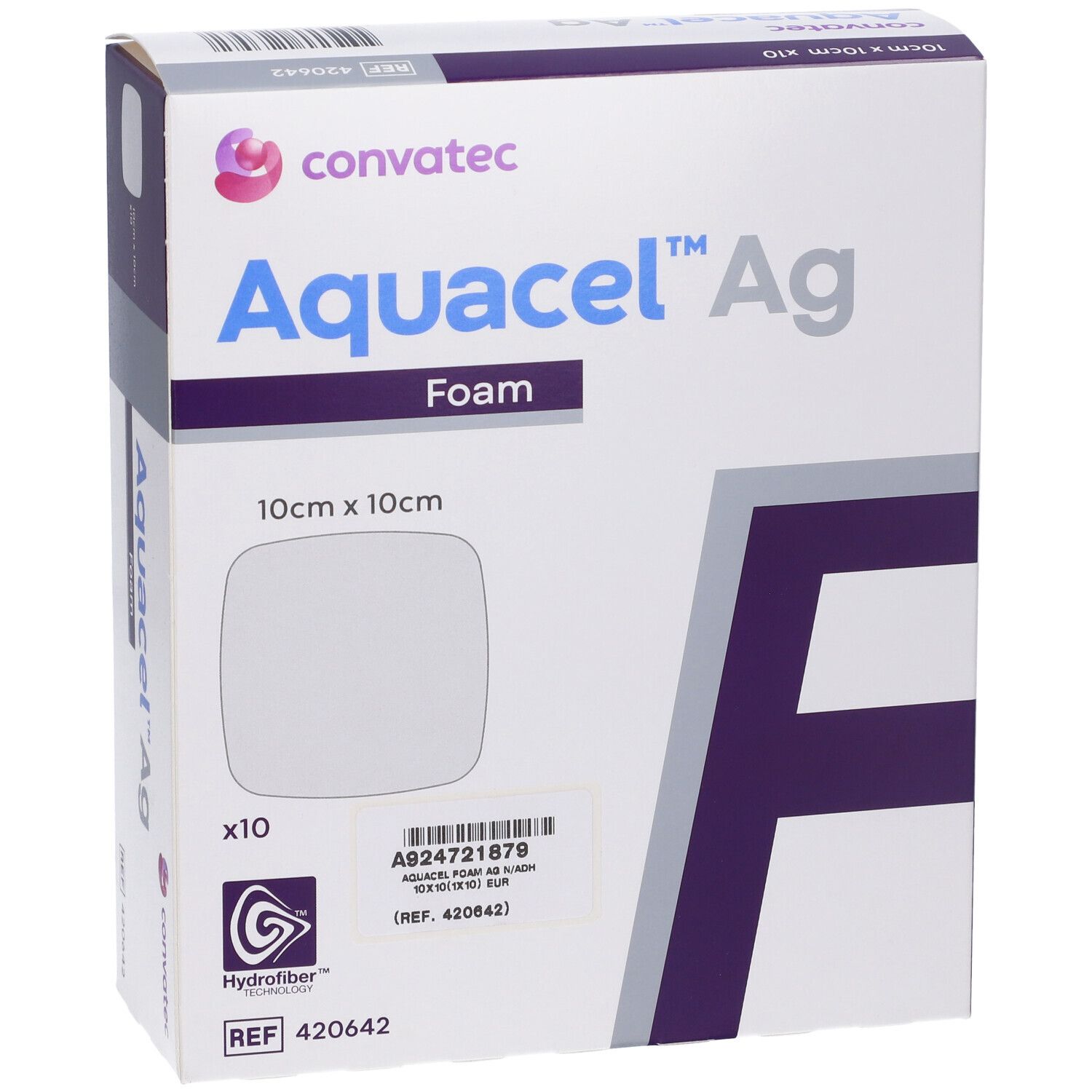 Vista frontale della confezione di Convatec Aquacel Ag Foam. Nome, dimensioni e logo visibili.