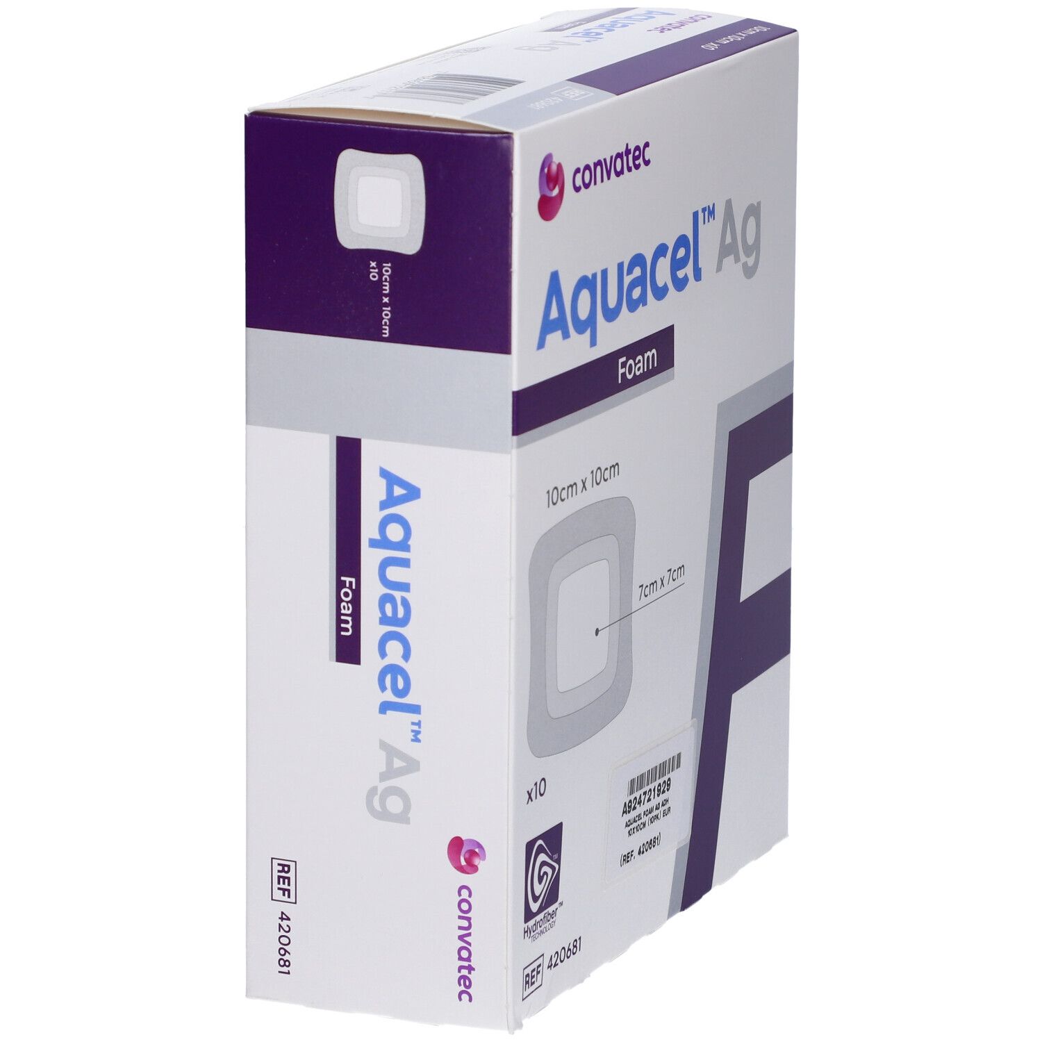 Confezione Aquacel Ag Foam, vista laterale. 10x10 cm. 10 pezzi. Marchio Convatec. Forma quadrata con quadrato interno. Logo Hydrofiber.