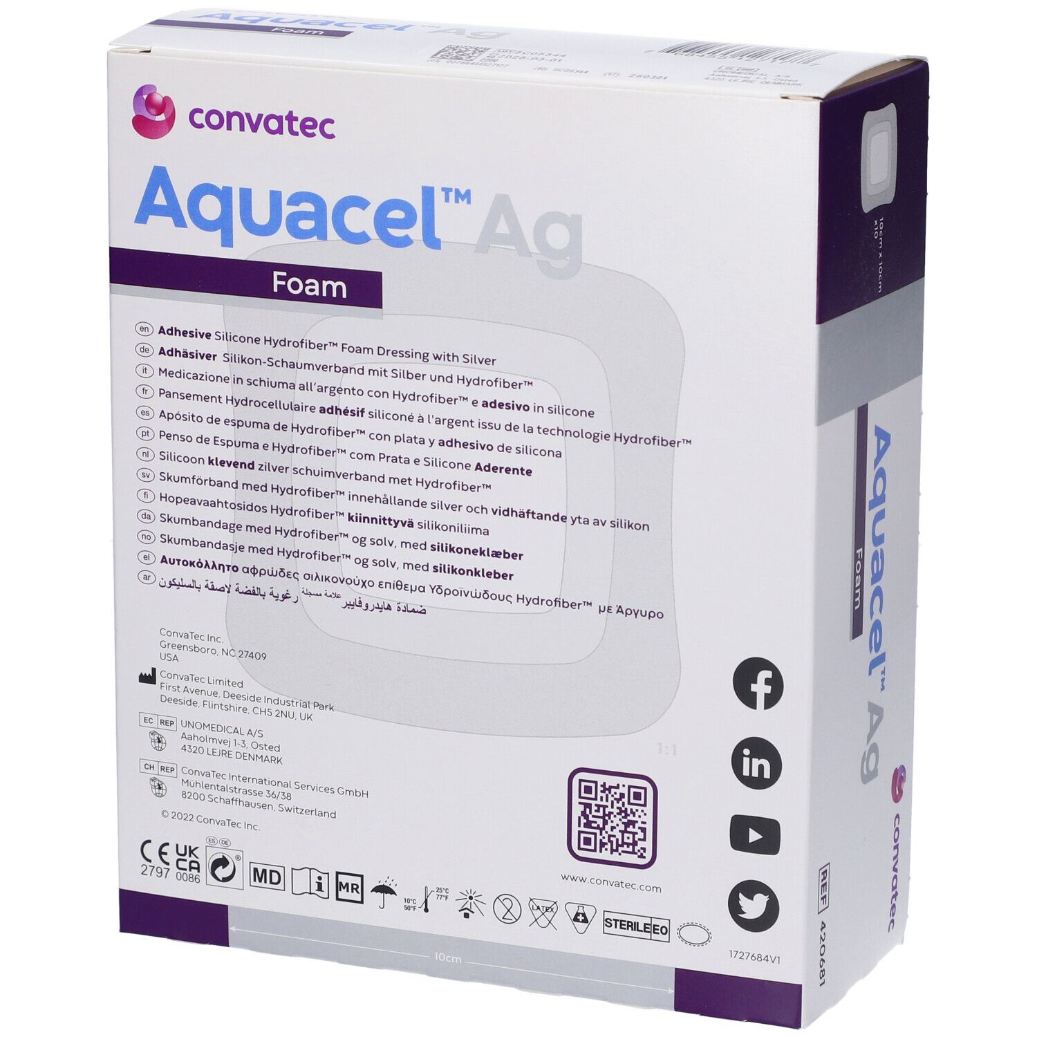 Retro della confezione Aquacel Ag Foam. Informazioni multilingue. Loghi e certificazioni. Codice QR e contatti.
