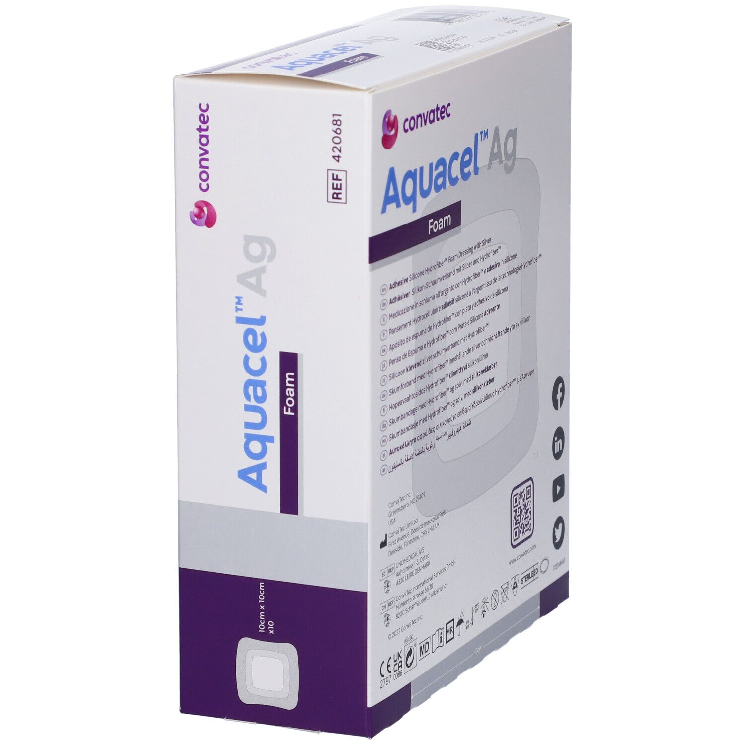 Confezione Aquacel Ag Foam, vista laterale. 10x10 cm. 10 pezzi. Marchio Convatec. Informazioni sul prodotto e loghi.