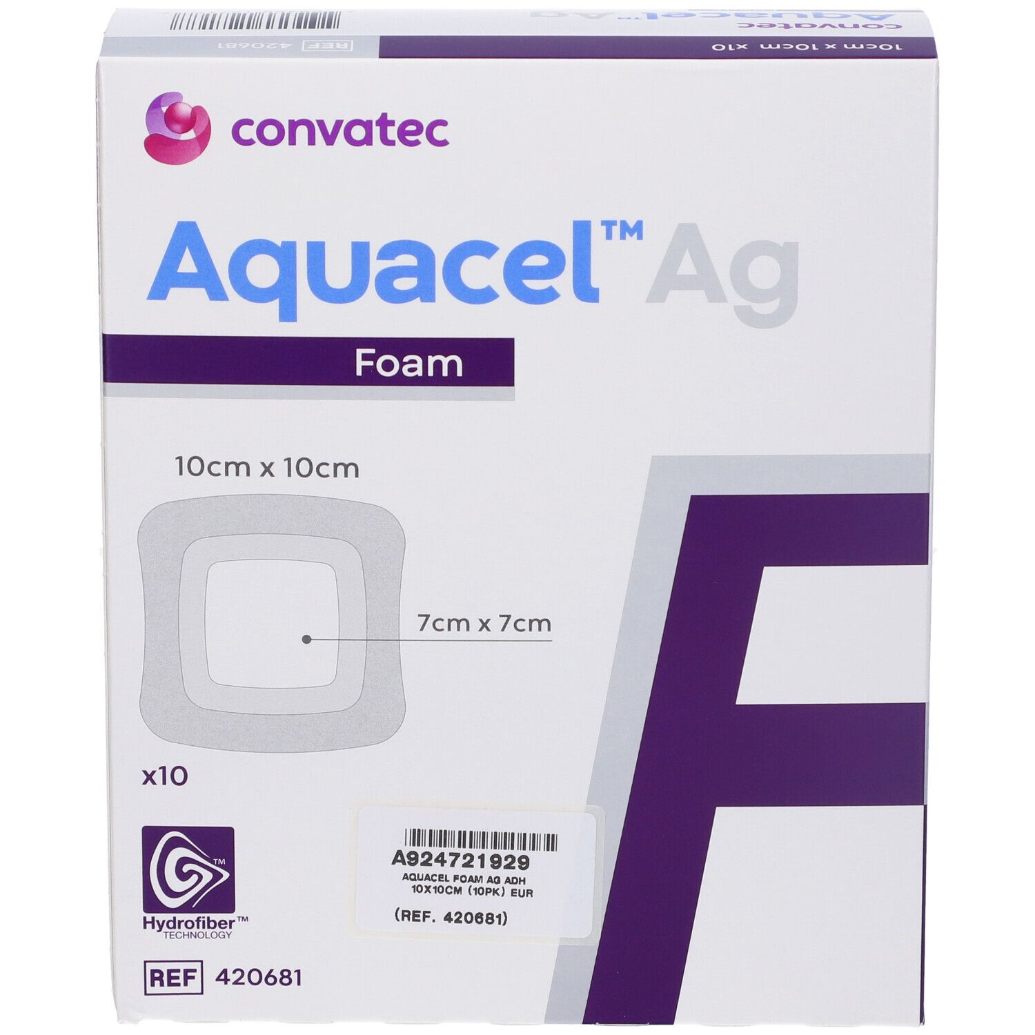 Confezione di medicazioni Aquacel Ag Foam. 10x10 cm. 10 pezzi. Forma quadrata con quadrato interno. Logo Hydrofiber.