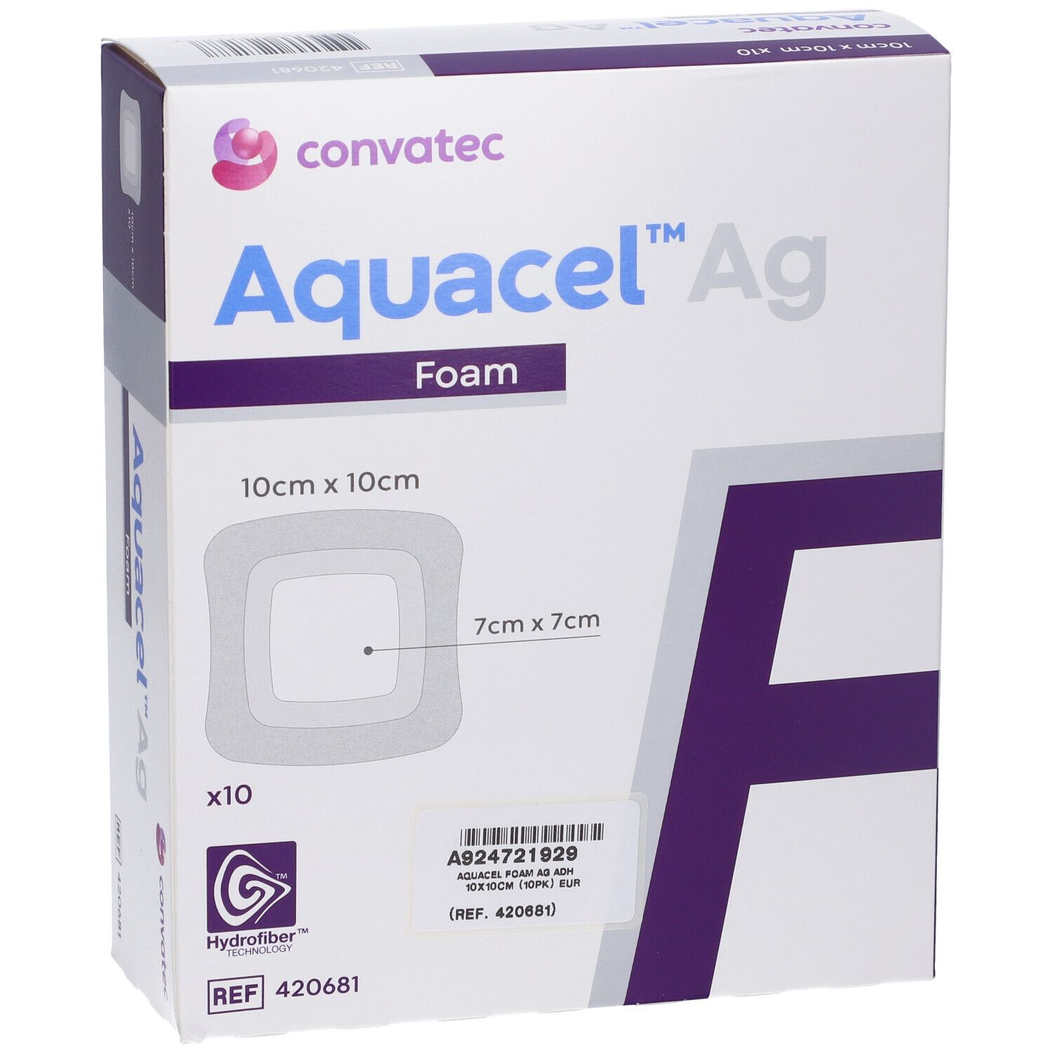 Confezione di medicazioni Aquacel Ag Foam. 10x10 cm. 10 pezzi. Forma quadrata con quadrato interno. Logo Hydrofiber.