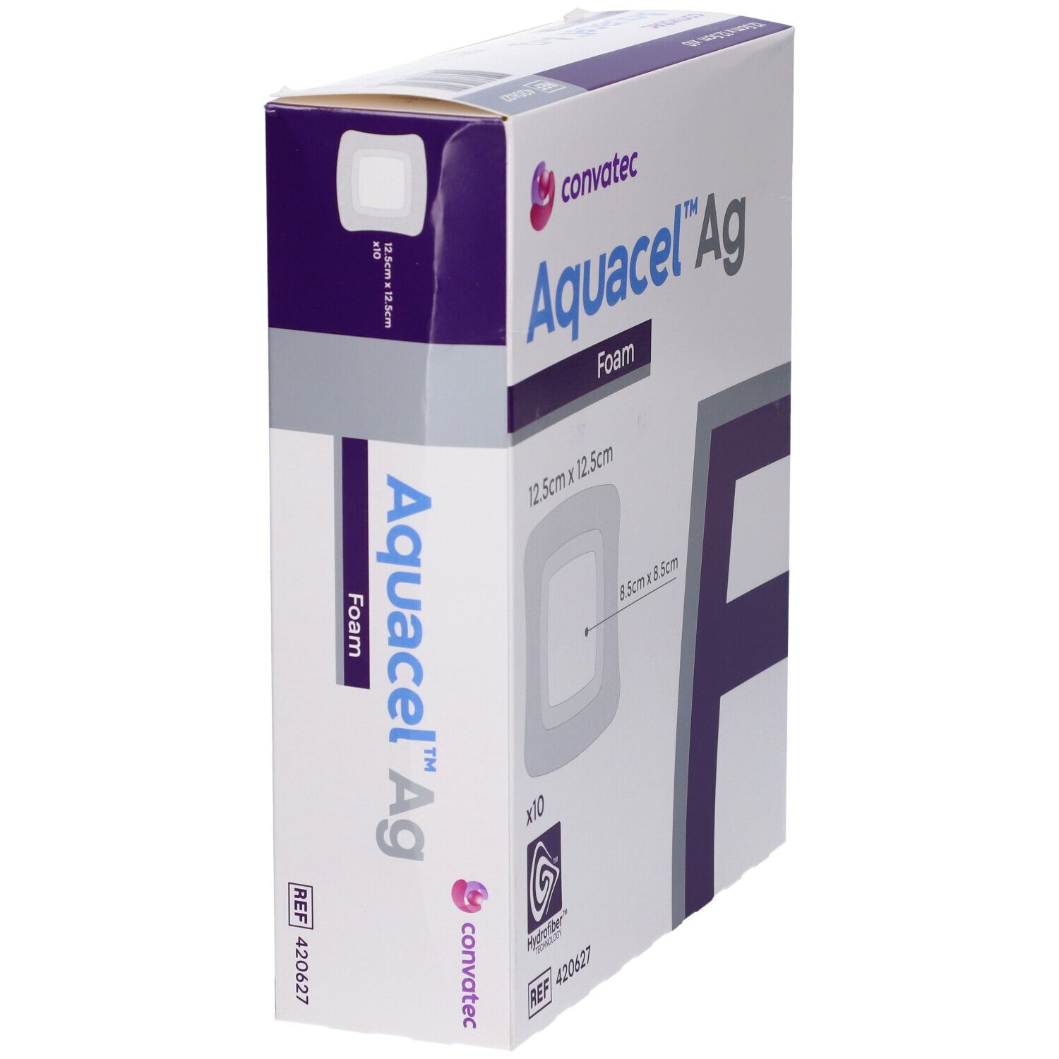Confezione angolata di Convatec Aquacel Ag Foam. Medicazione quadrata 12,5 x 12,5 cm. Tecnologia Hydrofiber.