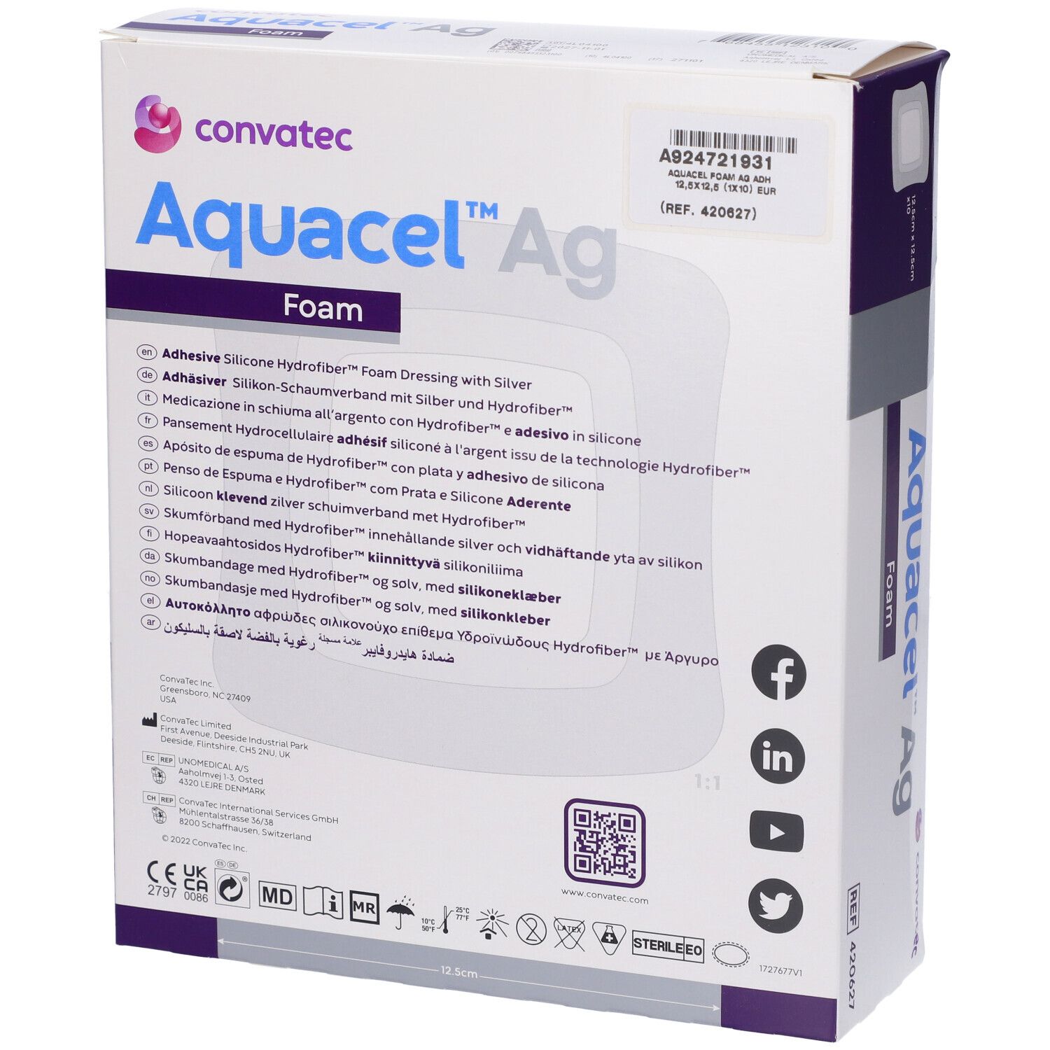 Retro della confezione Convatec Aquacel Ag Foam. Informazioni prodotto multilingue, codice QR e loghi.