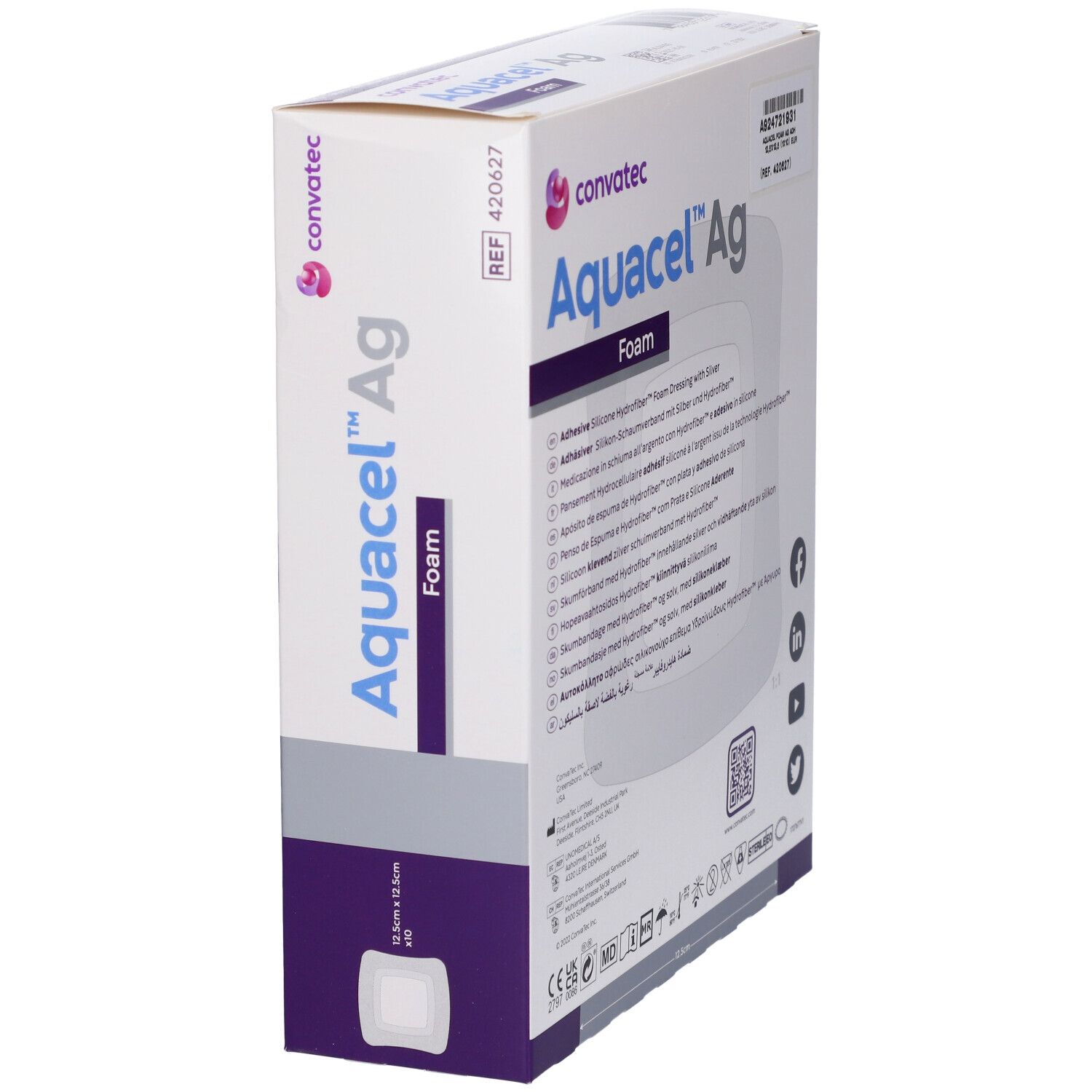 Confezione angolata di Convatec Aquacel Ag Foam. Informazioni sul prodotto e loghi sulla confezione.