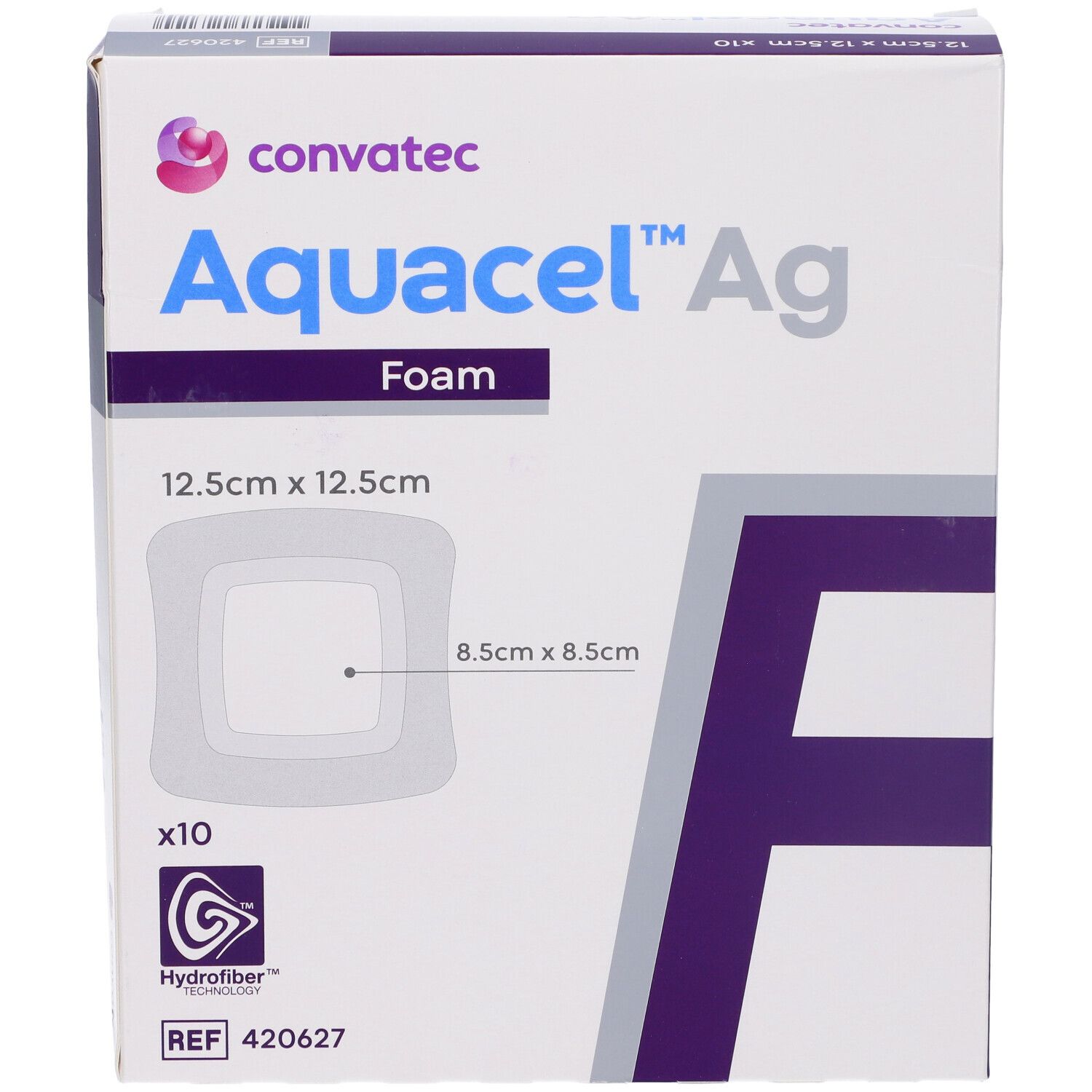 Vista frontale della confezione Convatec Aquacel Ag Foam. Medicazione quadrata 12,5 x 12,5 cm. Contiene 10 pezzi.