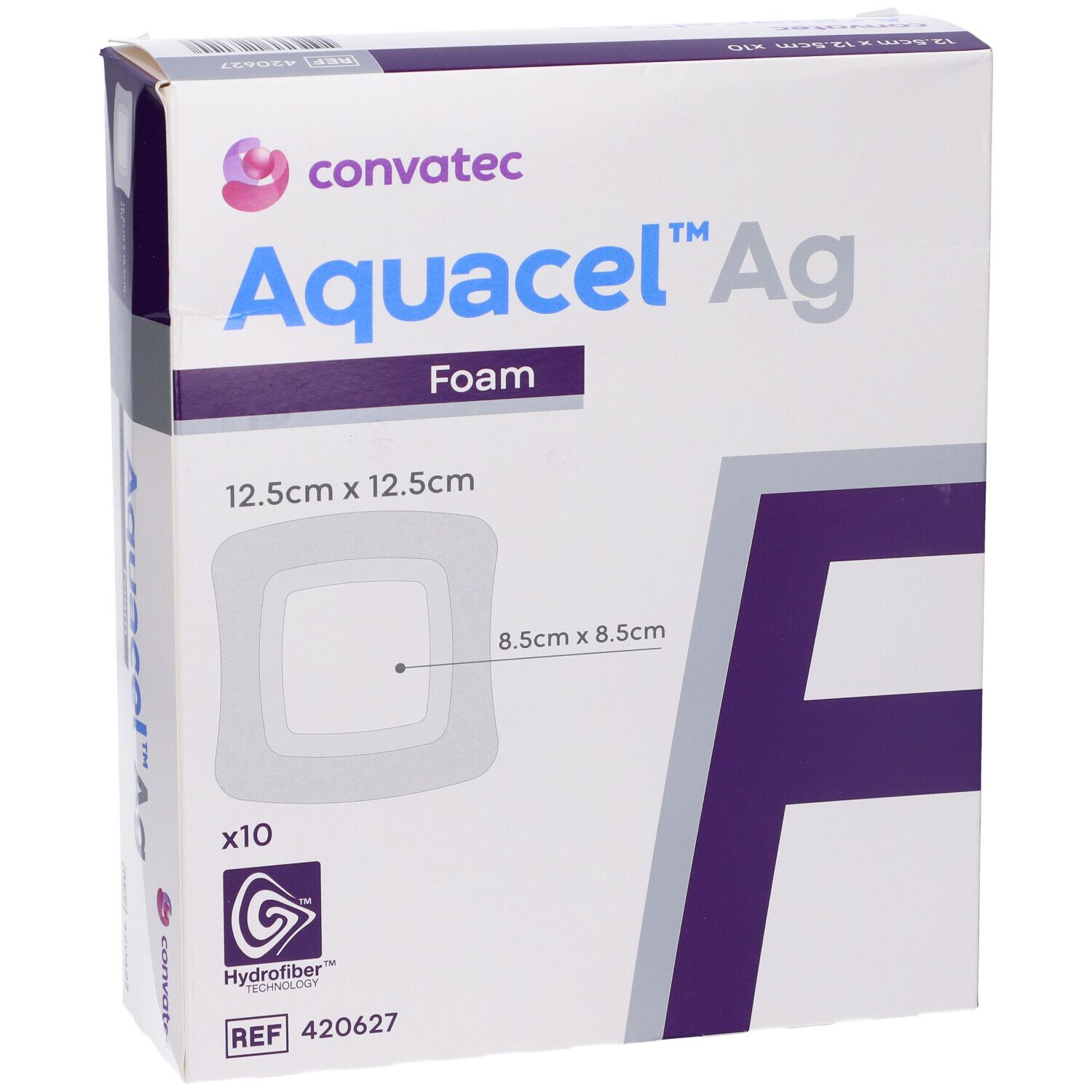 Confezione angolata di Convatec Aquacel Ag Foam. Medicazione quadrata 12,5 x 12,5 cm. Contiene 10 pezzi.
