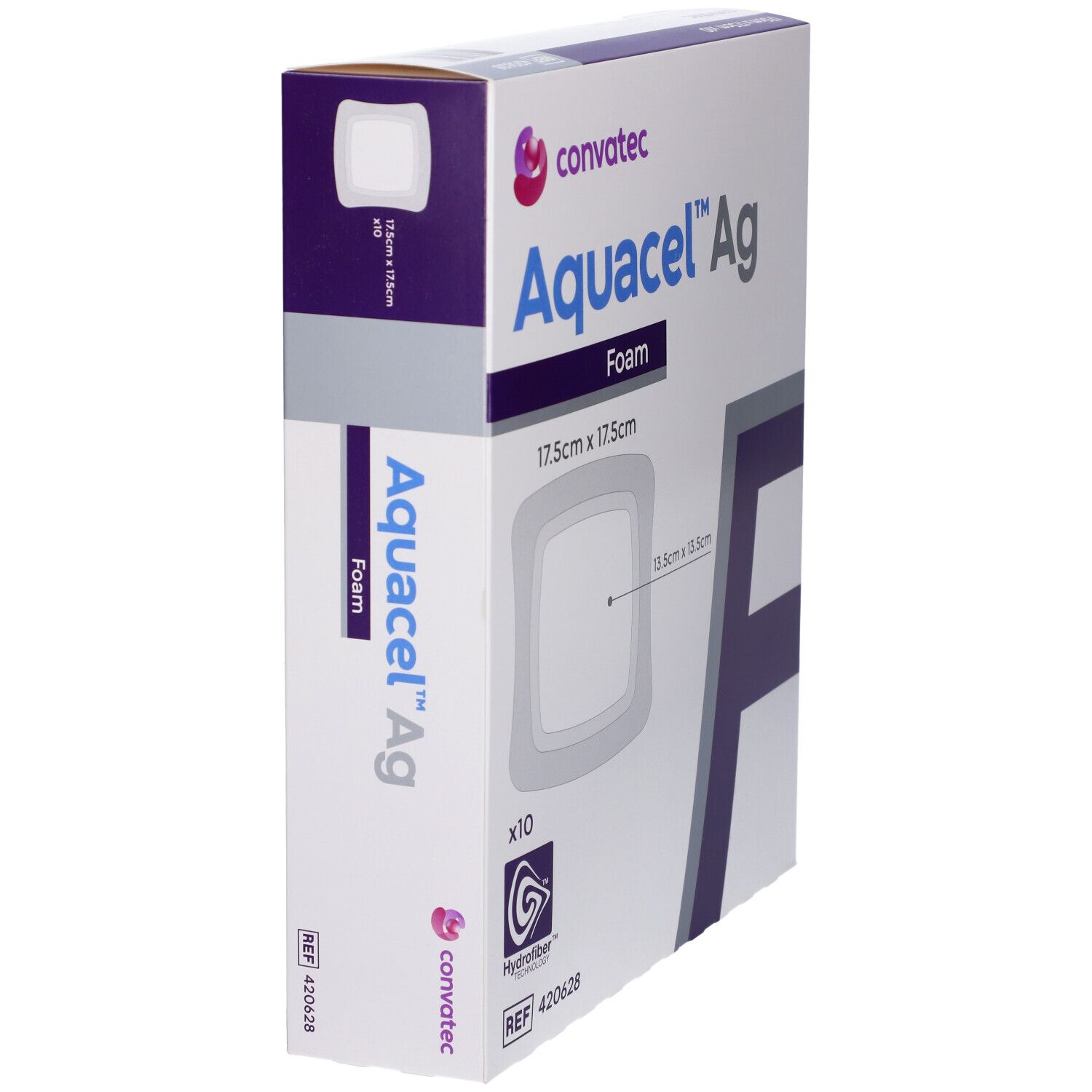 Confezione di Convatec Aquacel Ag Foam. Forma angolare, 17,5x17,5cm. Contiene 10 pezzi. Tecnologia Hydrofiber.