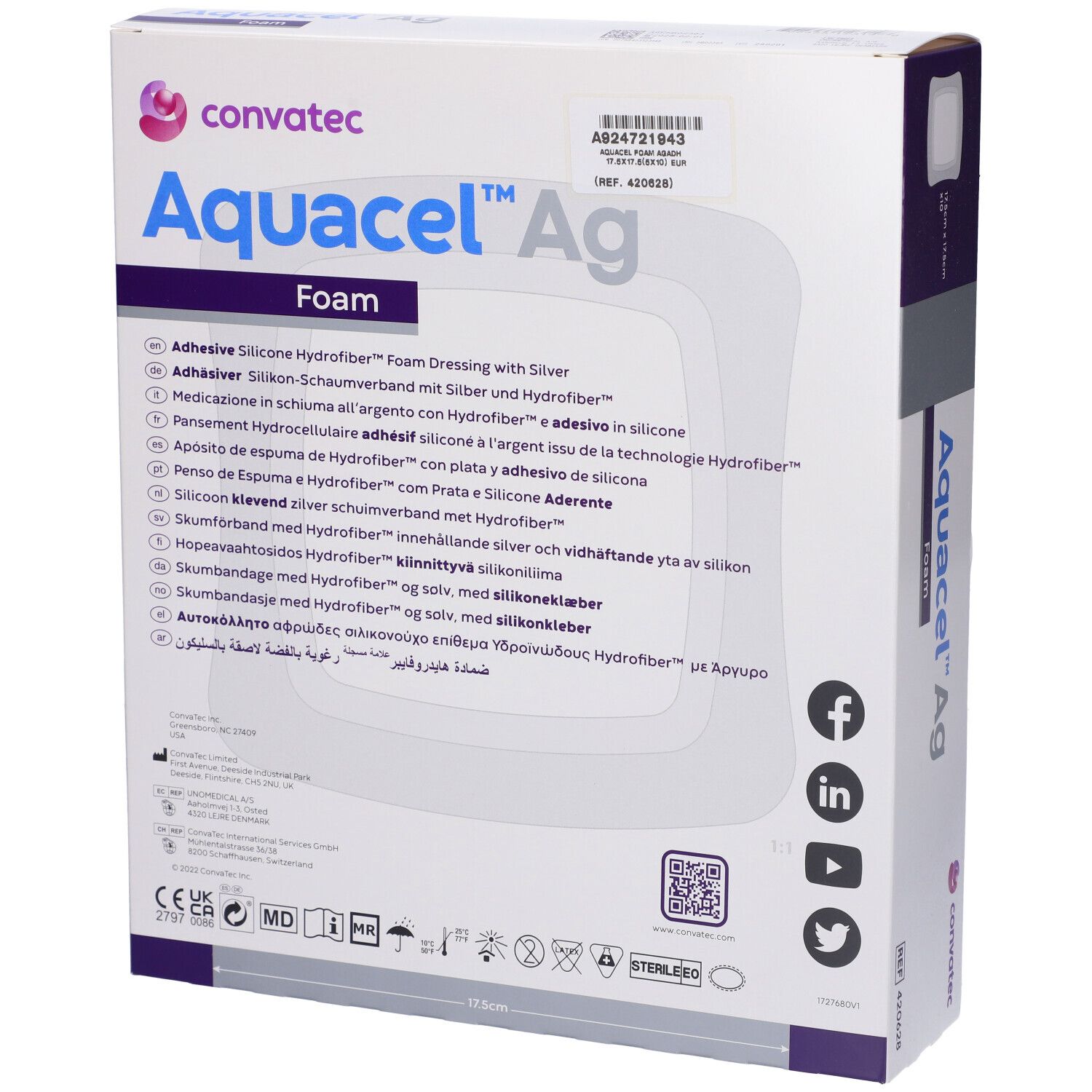 Retro della confezione di Convatec Aquacel Ag Foam. Informazioni multilingue e loghi.