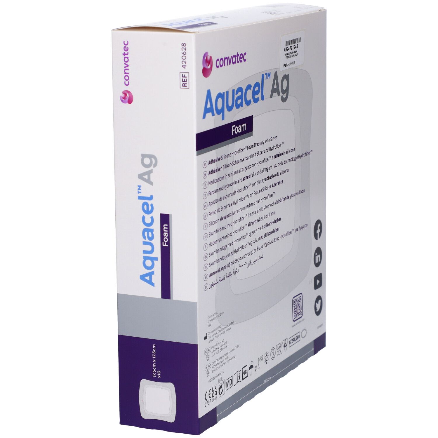 Confezione di Convatec Aquacel Ag Foam. Forma angolare, 17,5x17,5cm. Contiene 10 pezzi. Tecnologia Hydrofiber.