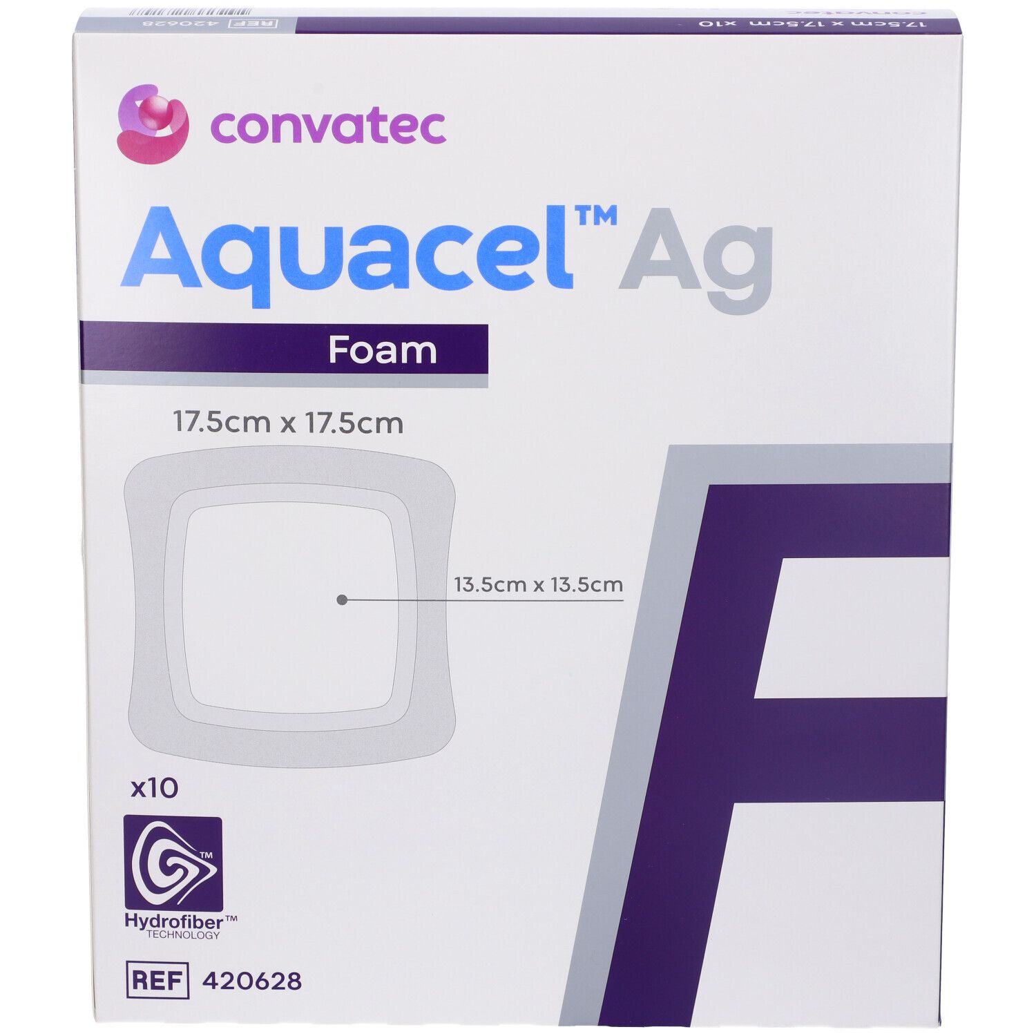 Confezione di Convatec Aquacel Ag Foam. Forma quadrata, 17,5x17,5cm. Contiene 10 pezzi. Tecnologia Hydrofiber.