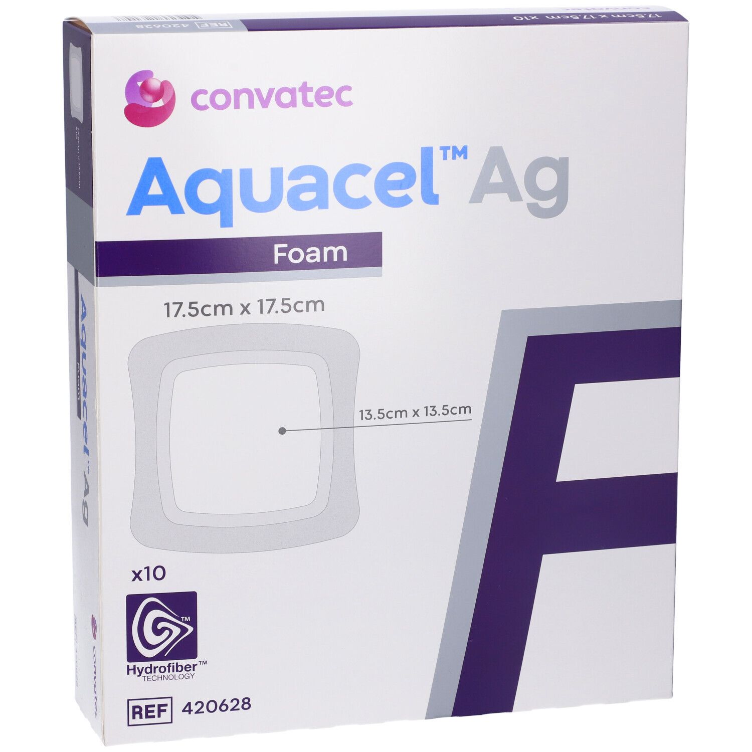 Confezione di Convatec Aquacel Ag Foam. Forma quadrata, 17,5x17,5cm. Contiene 10 pezzi. Tecnologia Hydrofiber.
