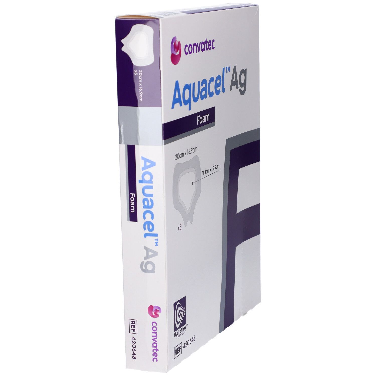 Vista laterale della confezione Convatec Aquacel Ag Foam. Nome e logo visibili. Dimensioni 20x16,9cm.