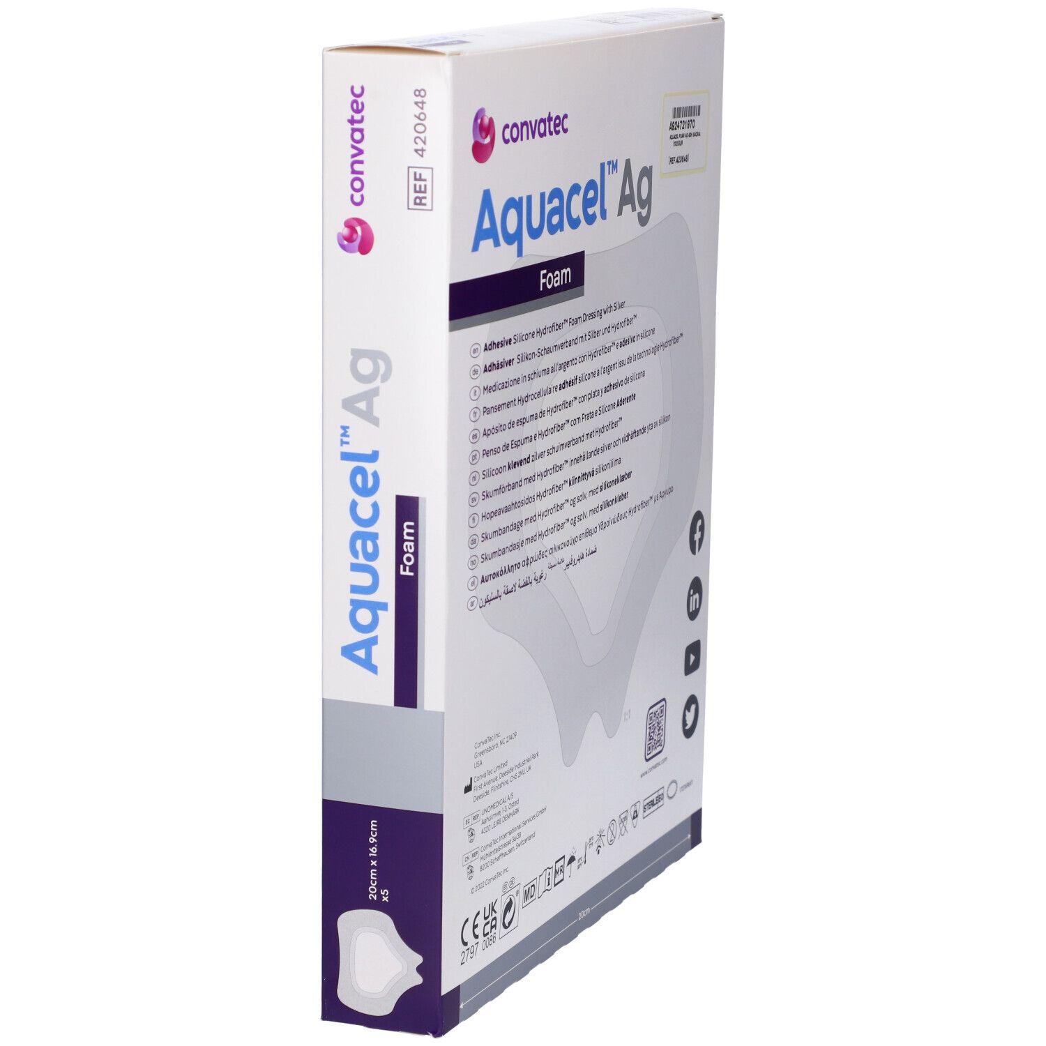 Vista laterale della confezione Convatec Aquacel Ag Foam. Nome e logo visibili. Dimensioni 20x16,9cm.