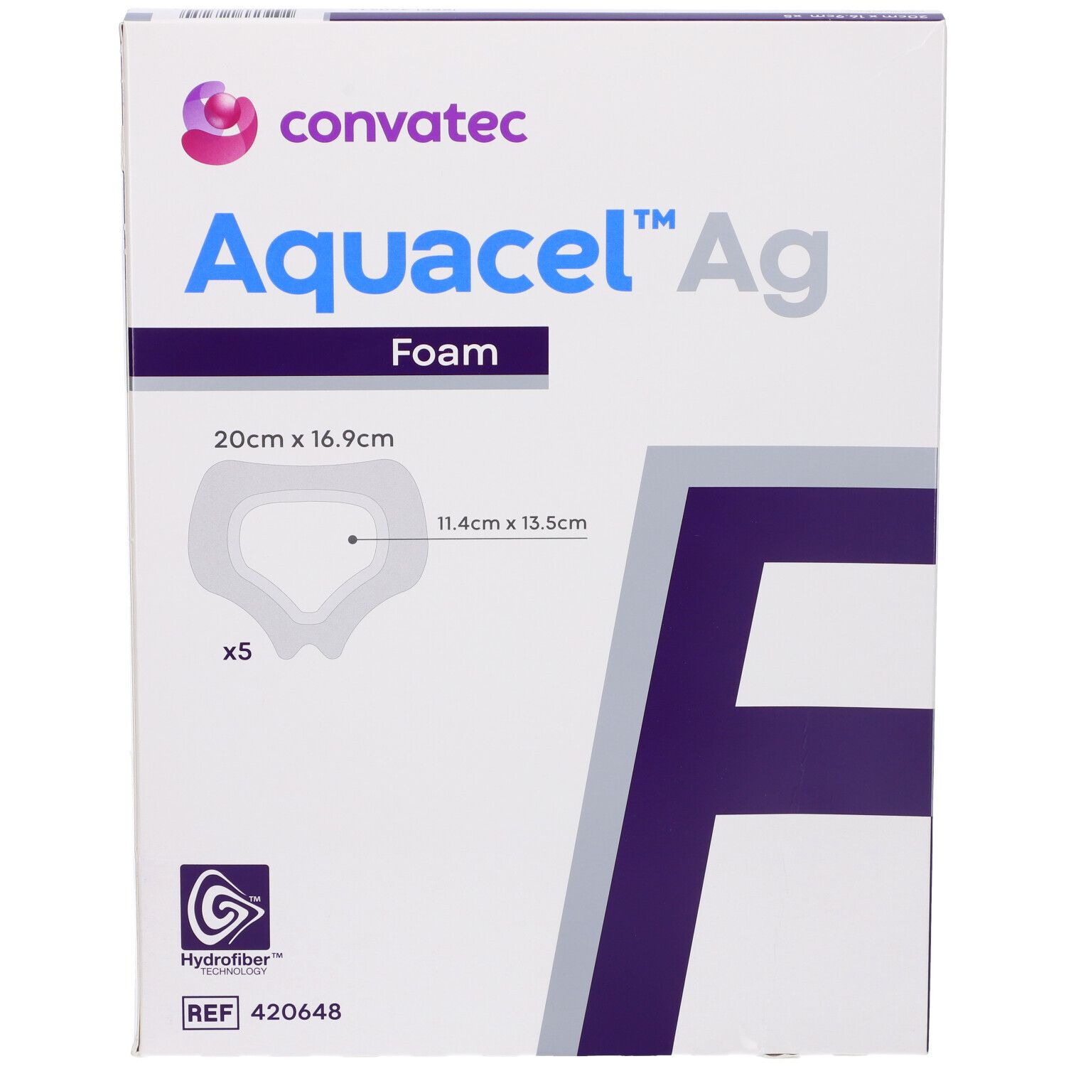 Vista frontale della confezione Convatec Aquacel Ag Foam. Nome, logo e dimensioni 20x16,9cm. Contiene 5 pezzi.