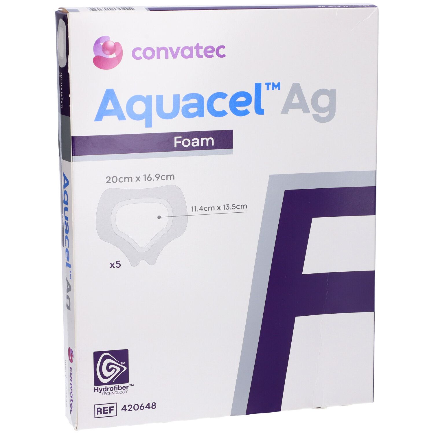 Vista frontale della confezione Convatec Aquacel Ag Foam. Nome, logo e dimensioni 20x16,9cm. Contiene 5 pezzi.