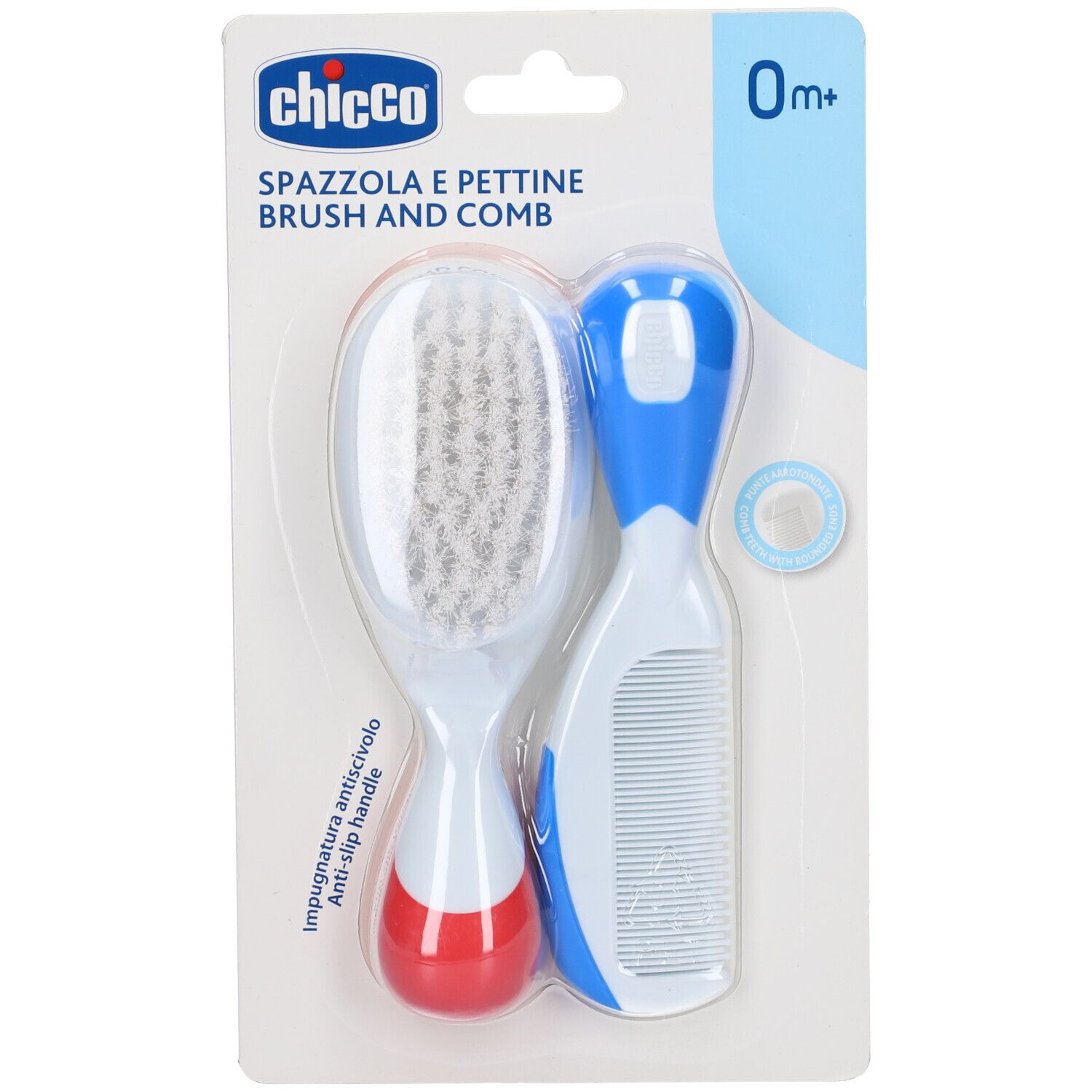 Spazzola e pettine Chicco. Bianchi, rossi e blu. Confezionati su carta. Testo: Spazzola e Pettine, Brush and Comb.
