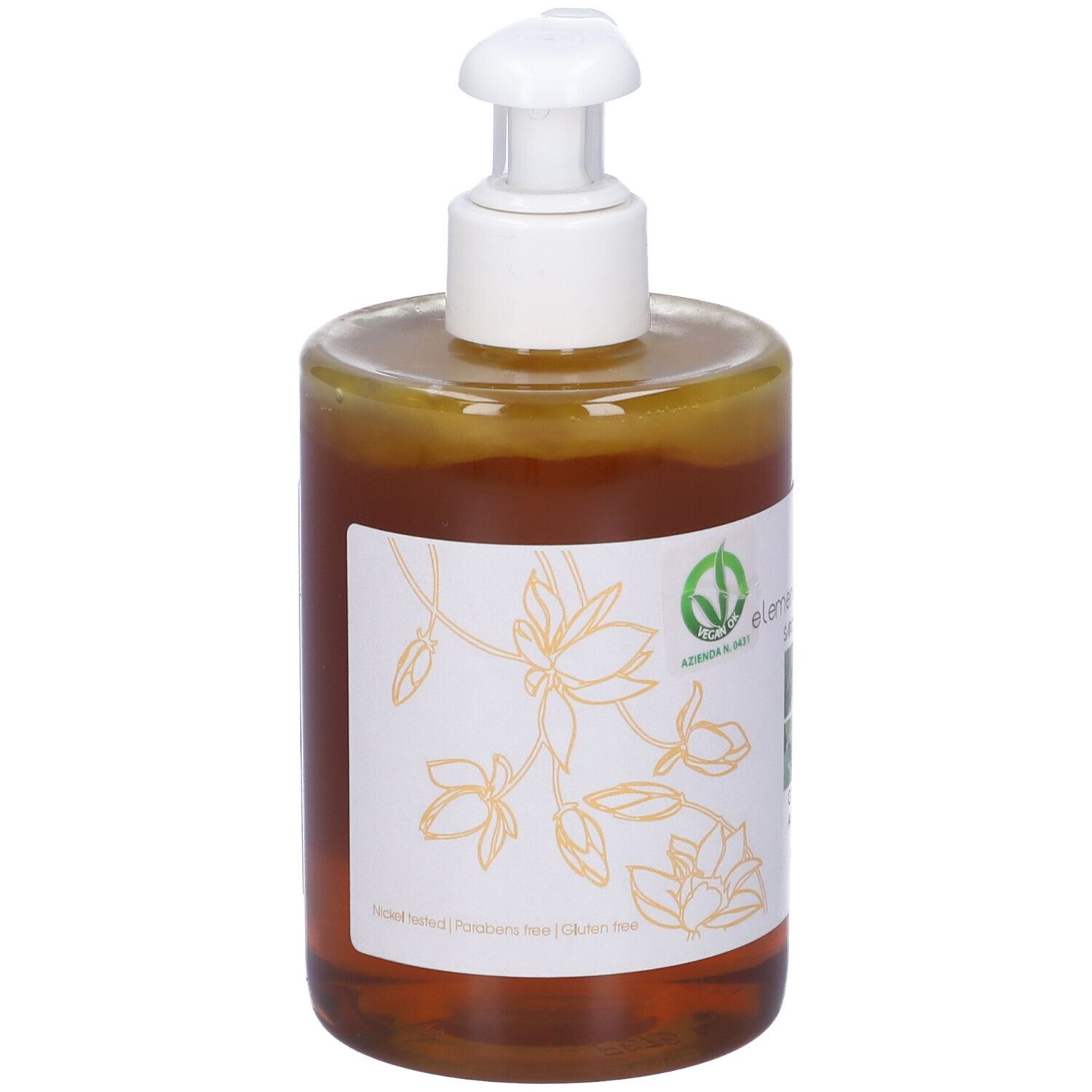 Flacone trasparente con liquido marrone e dosatore bianco. Etichetta con motivo floreale e testo.