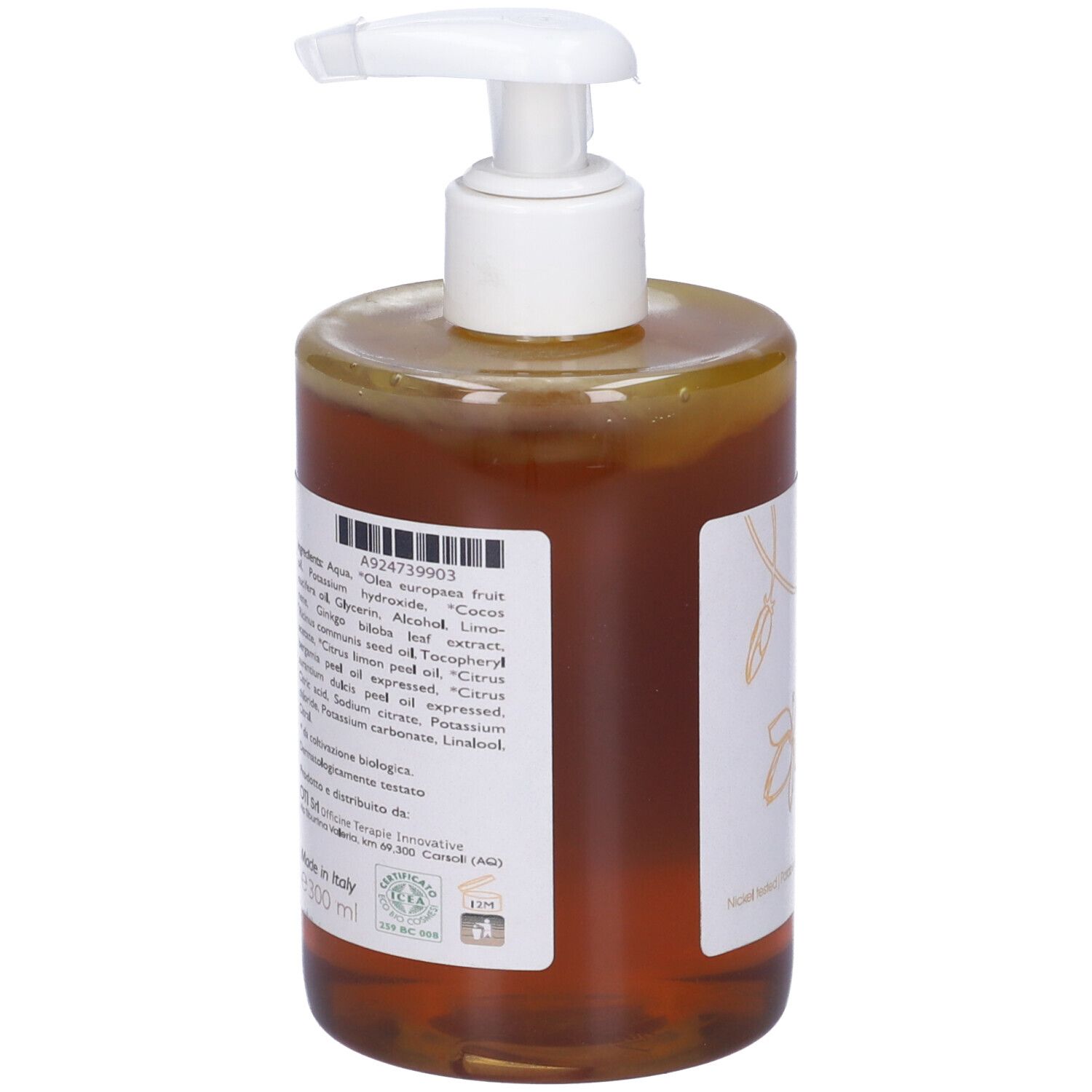 Flacone trasparente con liquido marrone e dosatore bianco. Etichetta con ingredienti e testo.