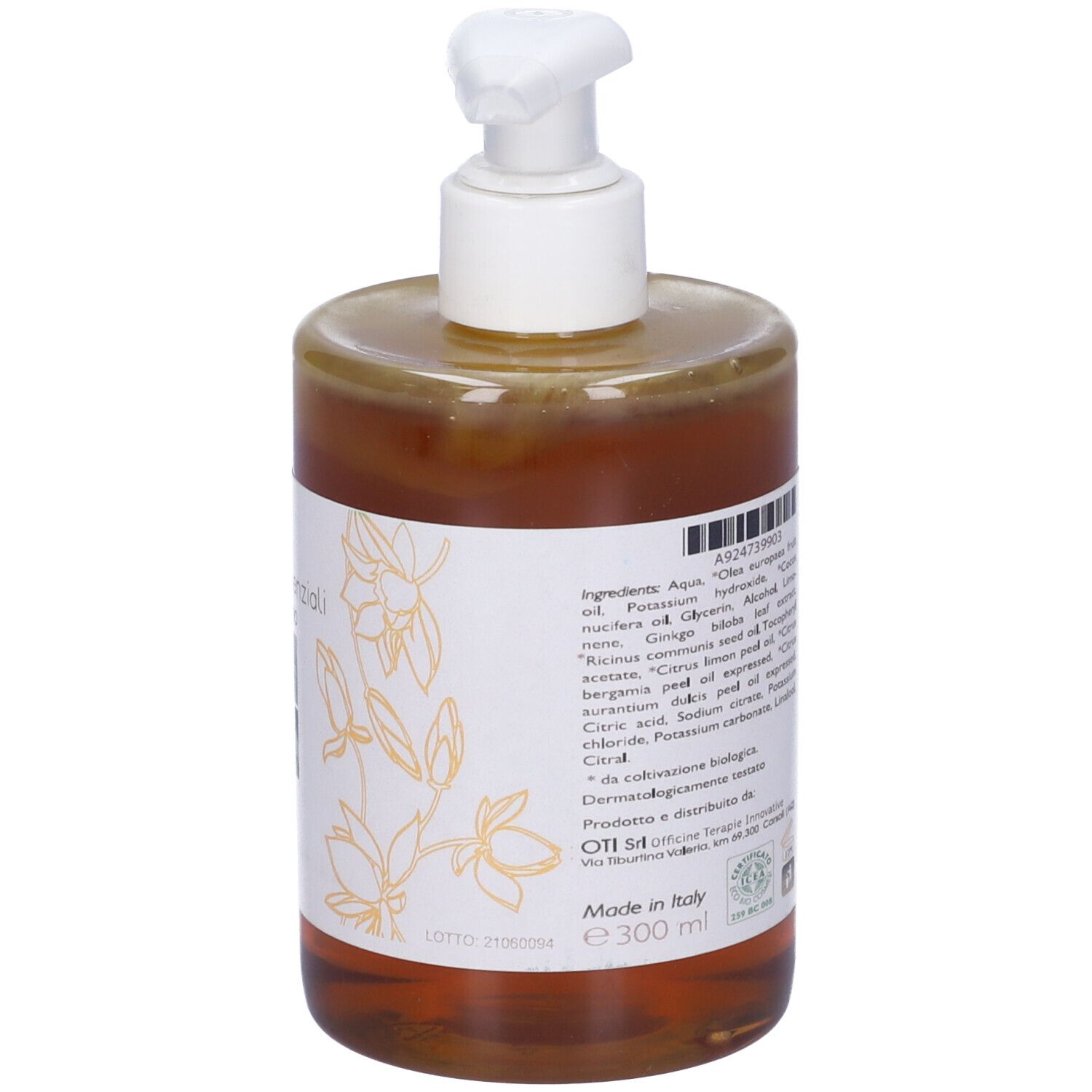 Sapone liquido marrone in flacone trasparente con dosatore bianco. Scritta: Elementi Essenziali, Ginkgo Agrumi.