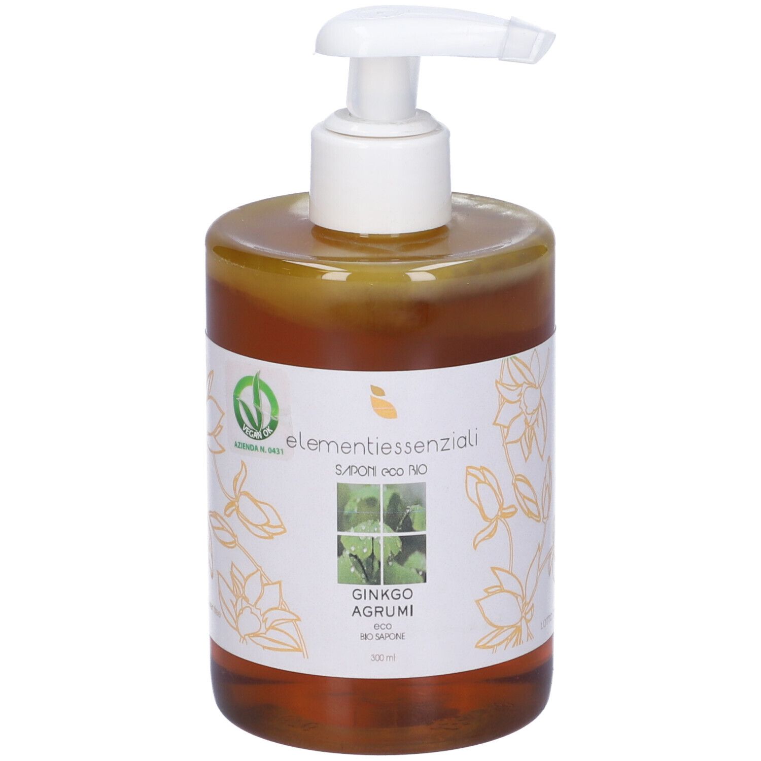 Sapone liquido marrone in flacone trasparente con dosatore bianco. Scritta: Elementi Essenziali, Ginkgo Agrumi.