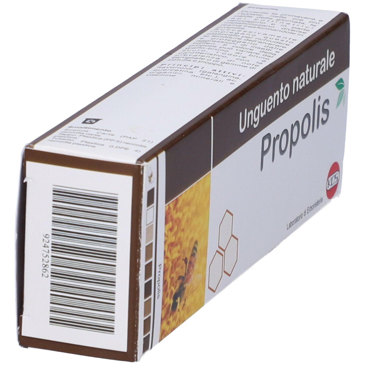 Confezione KOS Propolis Unguento Naturale. Scatola marrone e bianca con nome e logo. Favo.