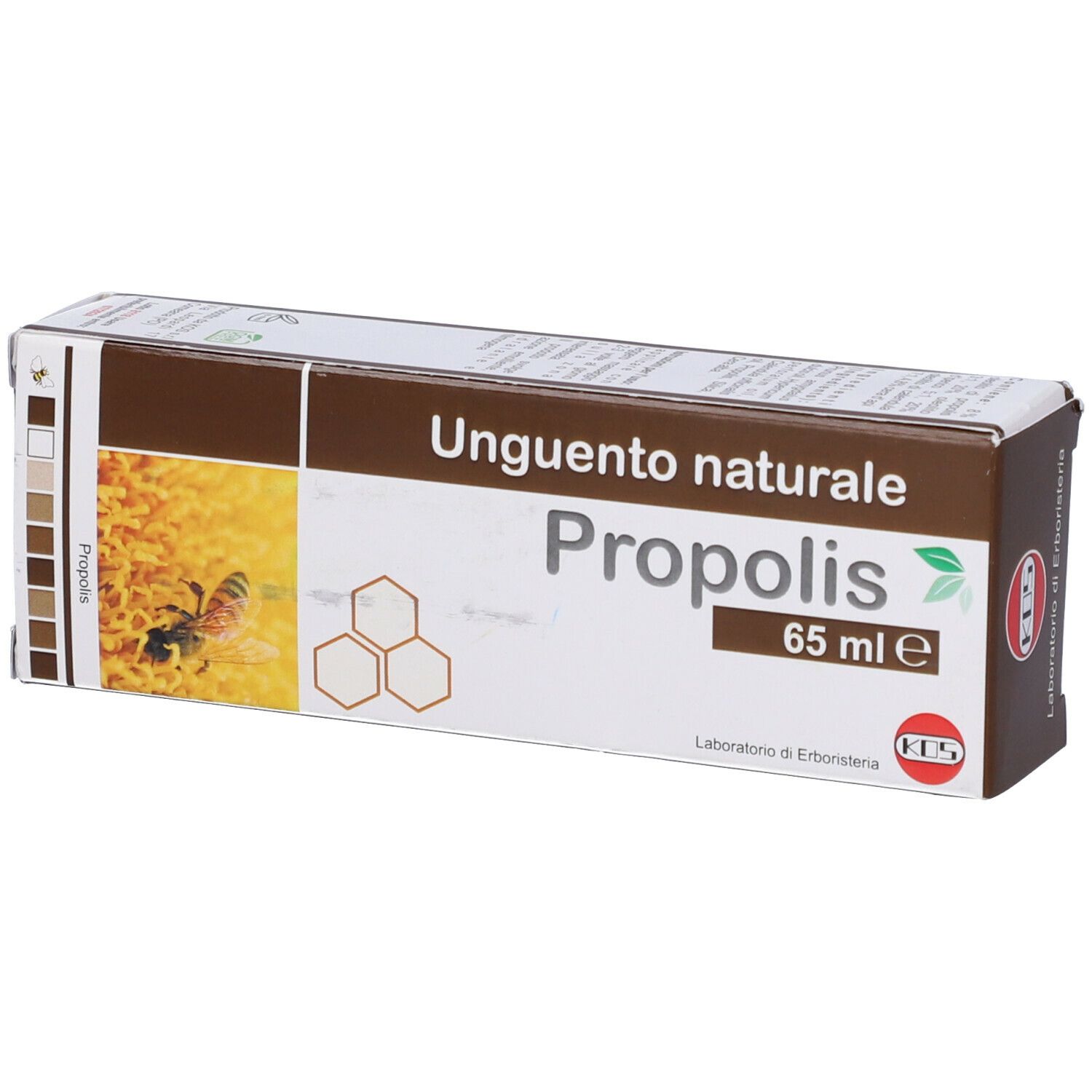 Confezione KOS Propolis Unguento Naturale. Scatola marrone e bianca con nome e logo. 65 ml.